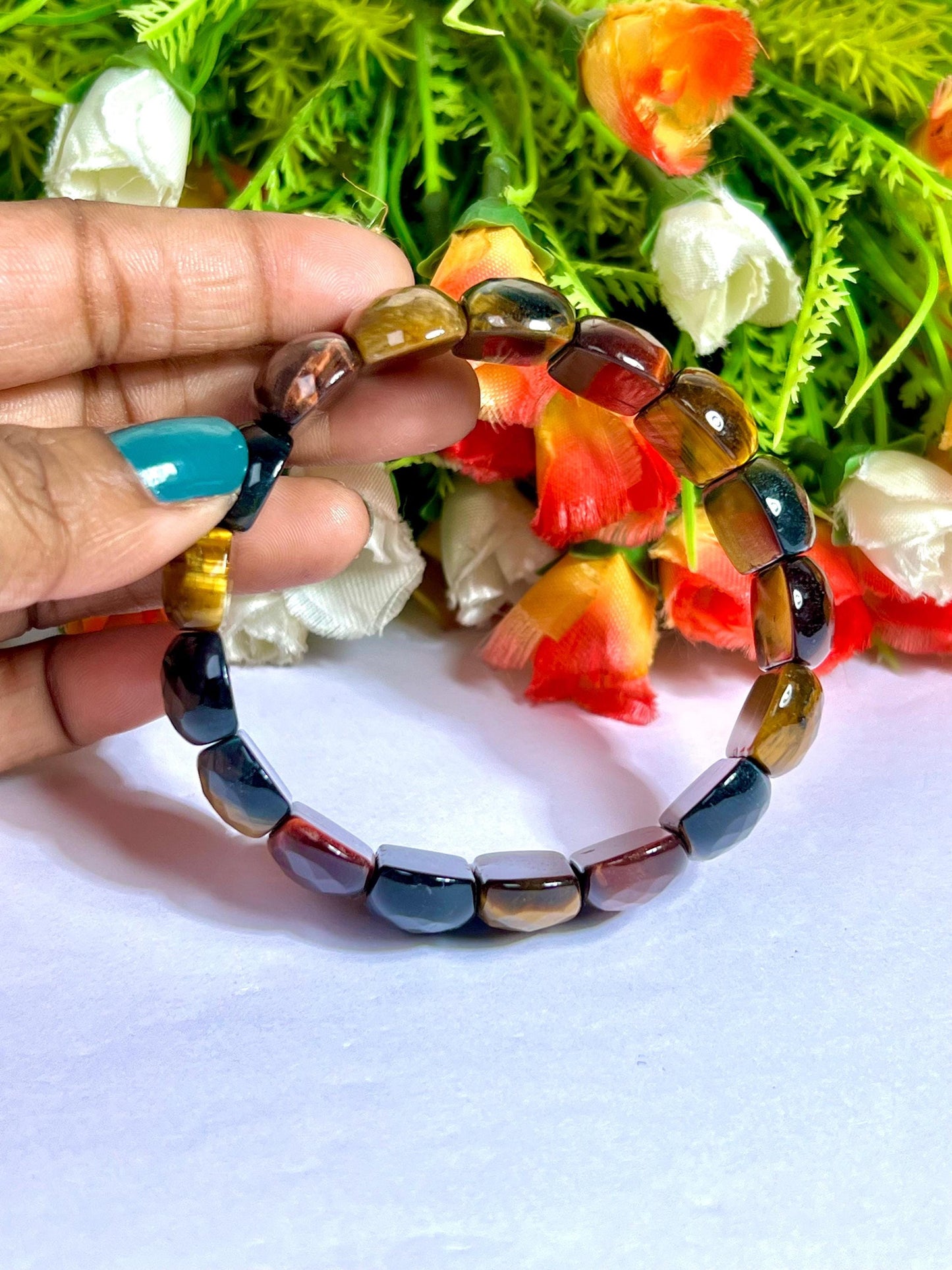25 MM 3 Color Tiger Eye Stone Bracelet l Blue Tiger Eye ,Red Tiger Eye and Yellow Tiger Eye l Stretchable Bracelet High Grade