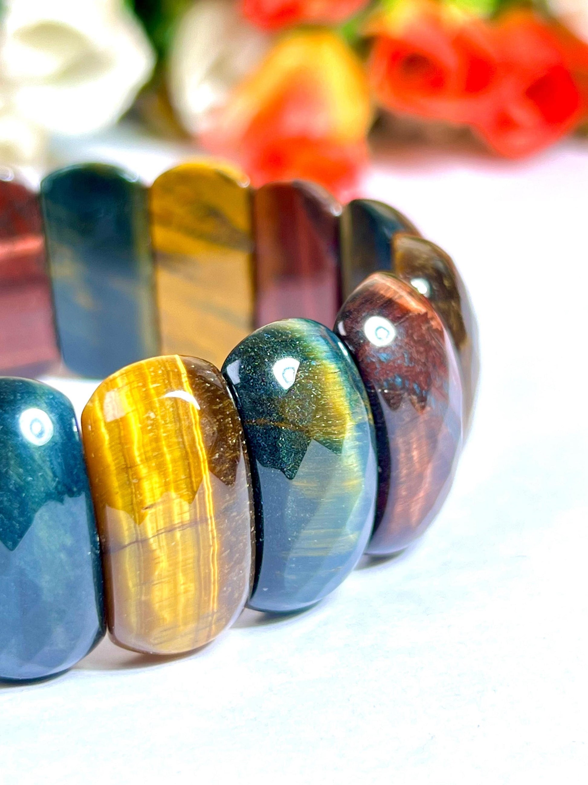 25 MM 3 Color Tiger Eye Stone Bracelet l Blue Tiger Eye ,Red Tiger Eye and Yellow Tiger Eye l Stretchable Bracelet High Grade