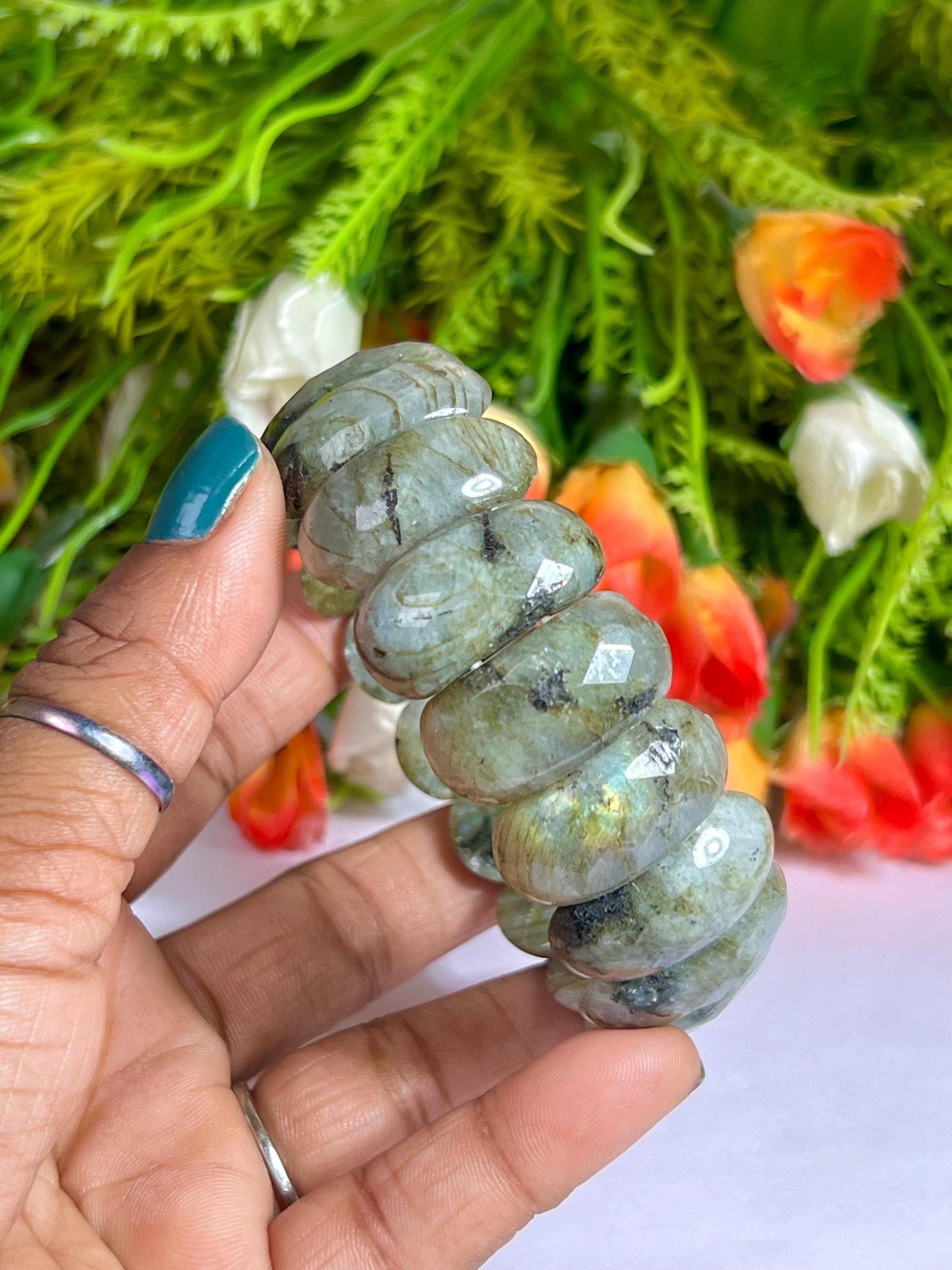 25 MM Rainbow Labradorite Stone Bracelet l Stretchable Bracelet