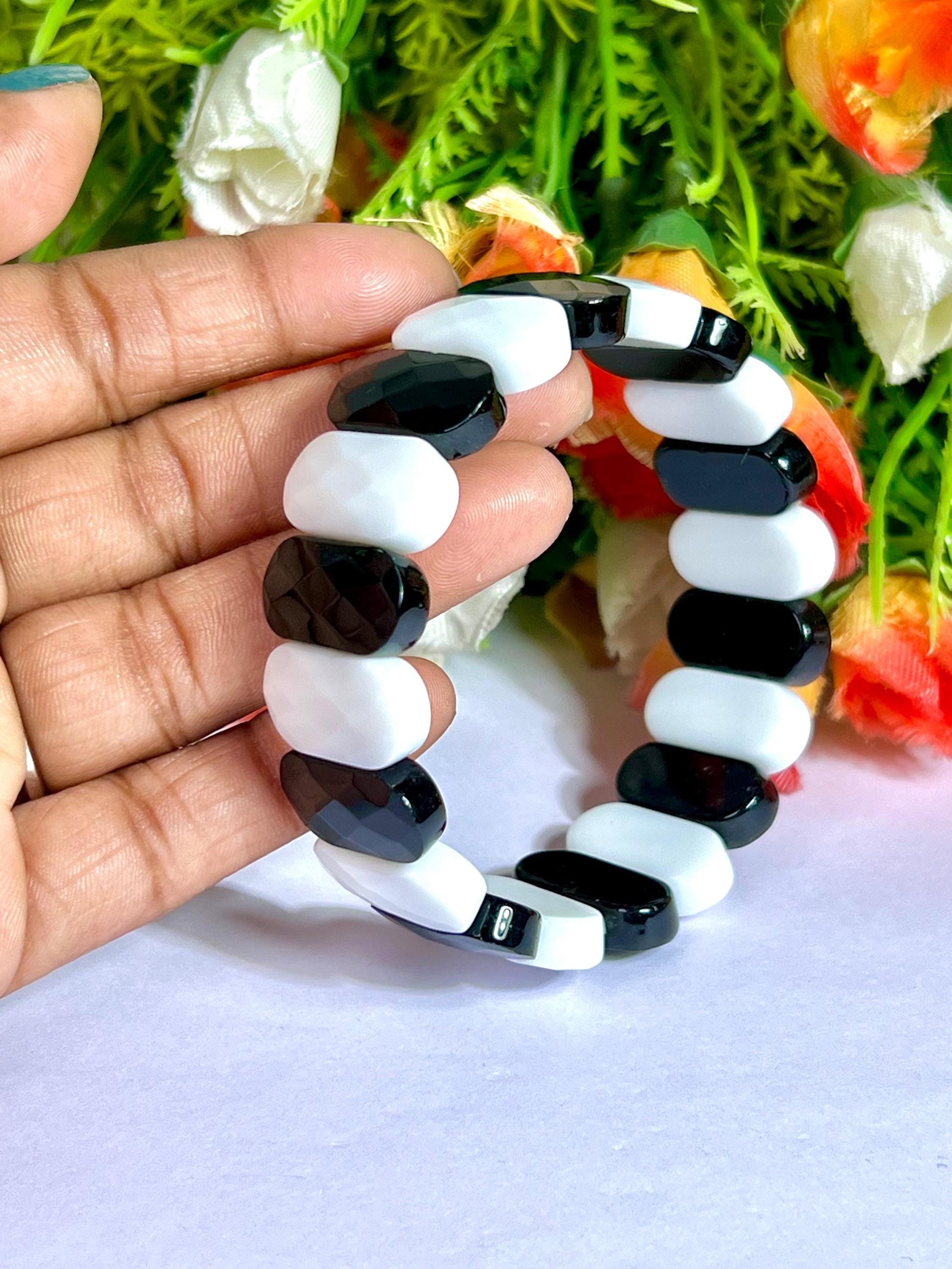 20 MM Black Azeztulite and White Azeztulite Stone Bracelet l Stretchable Bracelet