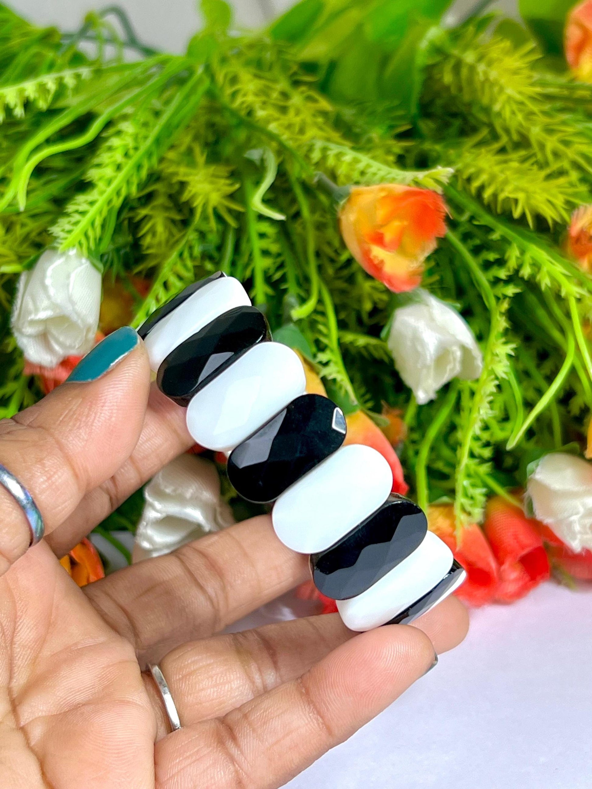 20 MM Black Azeztulite and White Azeztulite Stone Bracelet l Stretchable Bracelet
