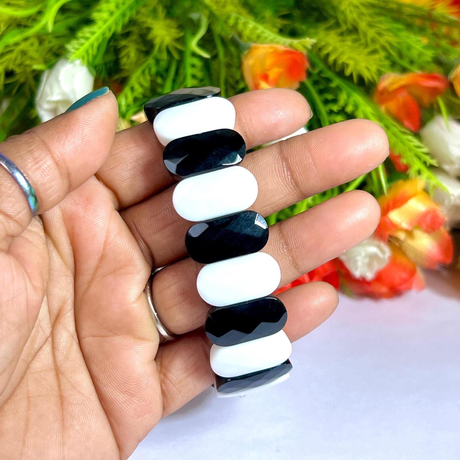 20 MM Black Azeztulite and White Azeztulite Stone Bracelet l Stretchable Bracelet
