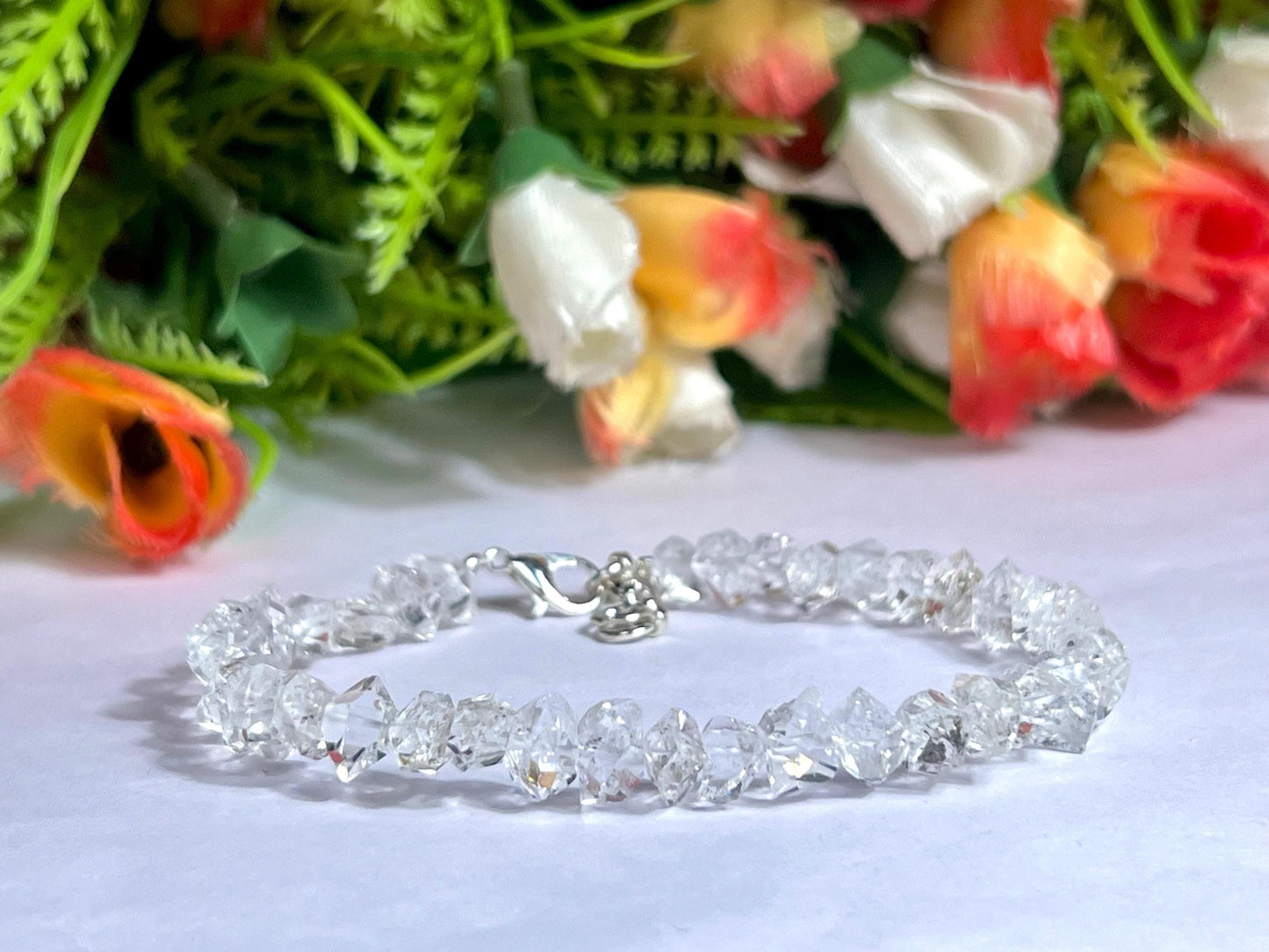 8 MM Sparkling Herkimer Diamond Stone Bracelet l Adjustable Bracelet For Wrist Size 6.5 Inch To 7.75 Inch