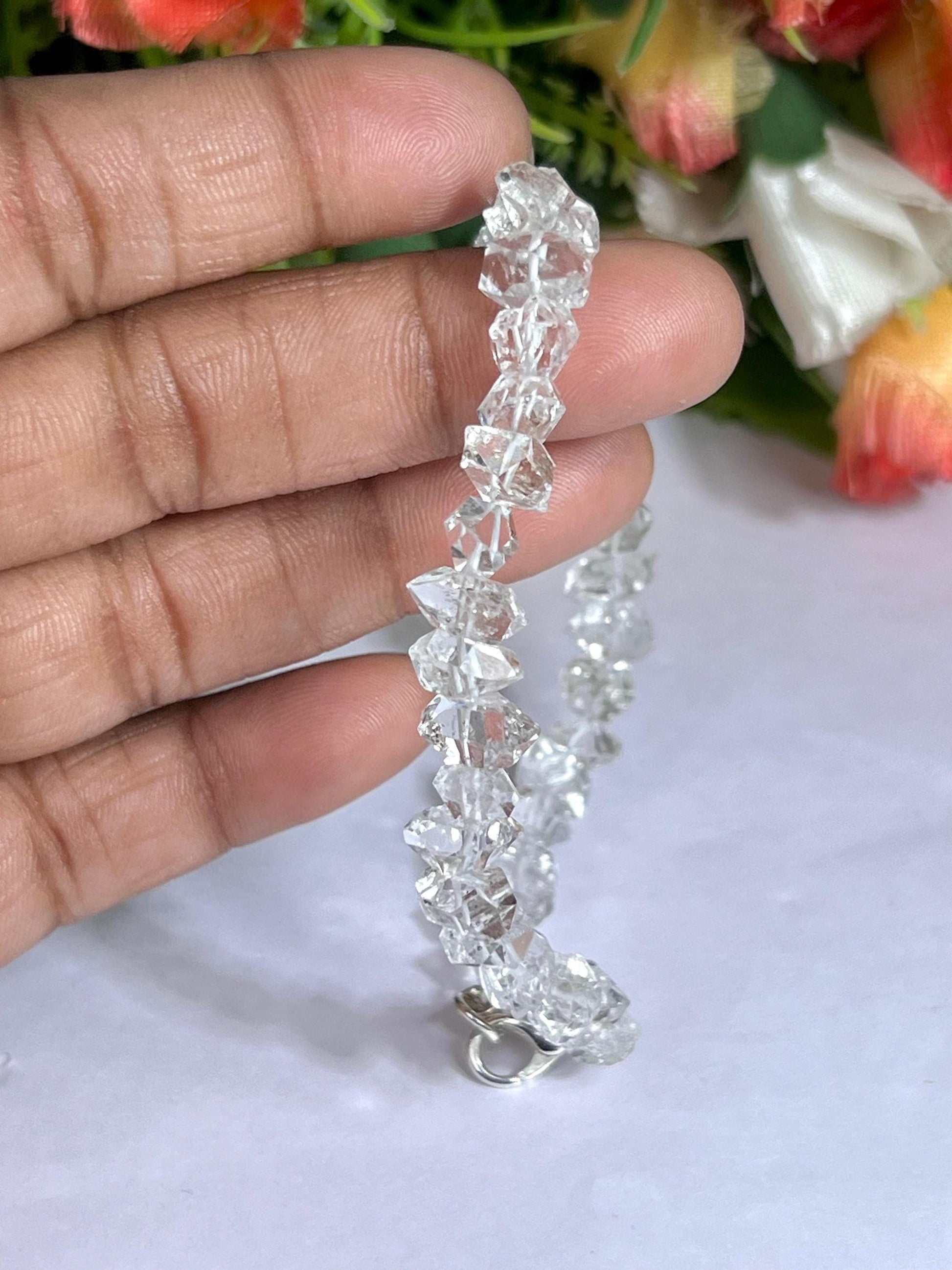 8 MM Sparkling Herkimer Diamond Stone Bracelet l Adjustable Bracelet For Wrist Size 6.5 Inch To 7.75 Inch