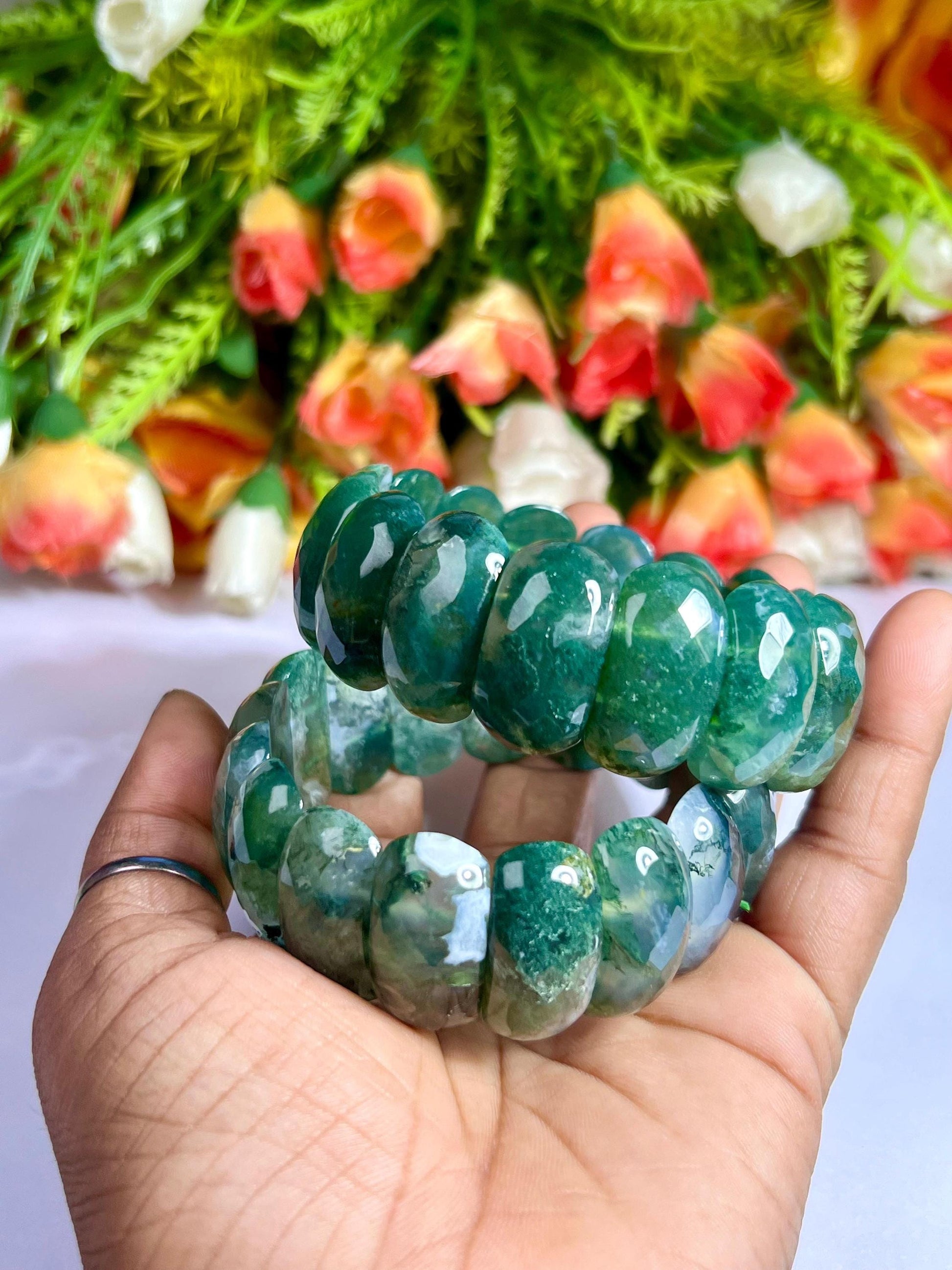 25 MM Moss Agate Stone Bracelet l Stretchable Bracelet