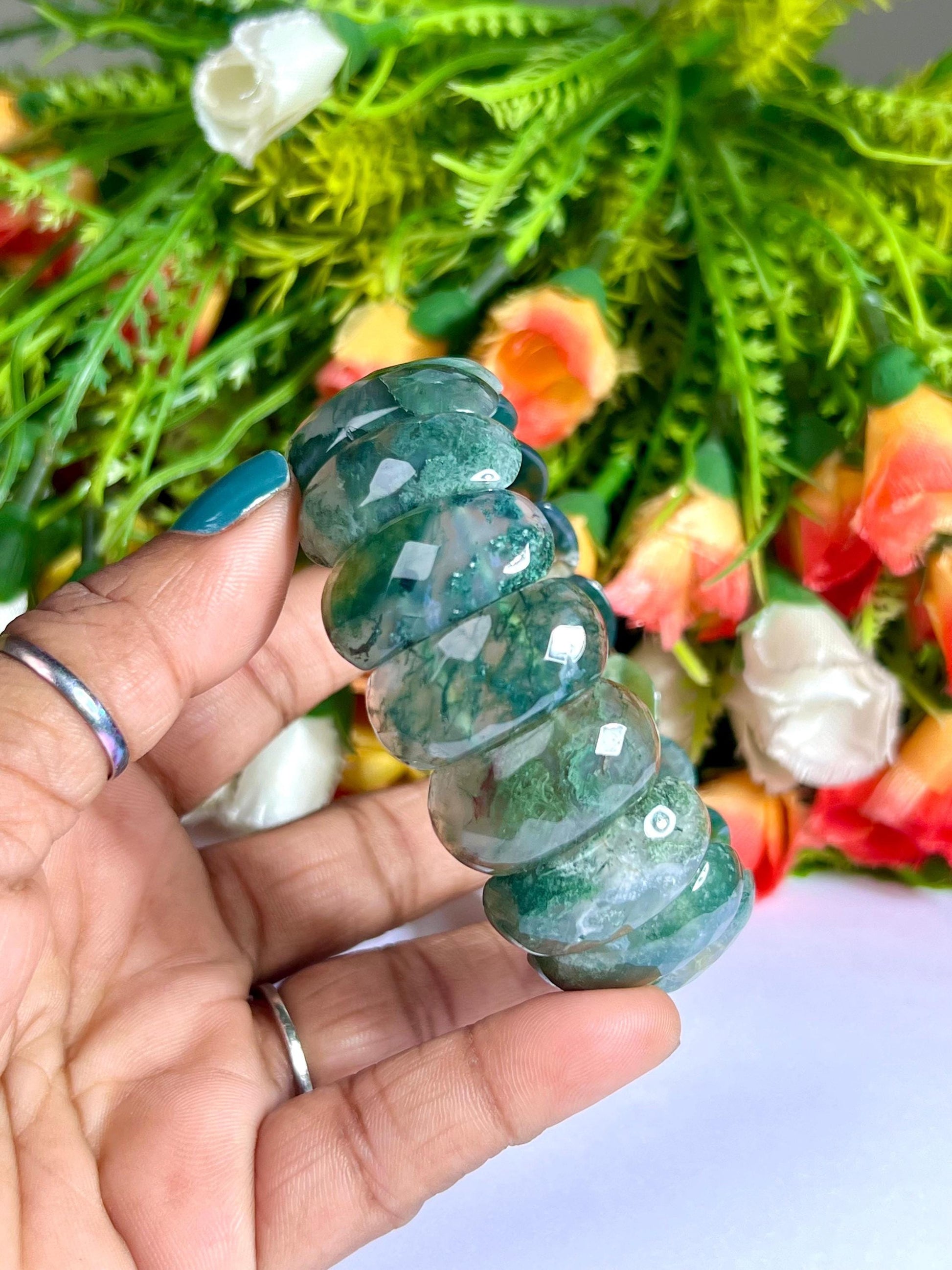 25 MM Moss Agate Stone Bracelet l Stretchable Bracelet