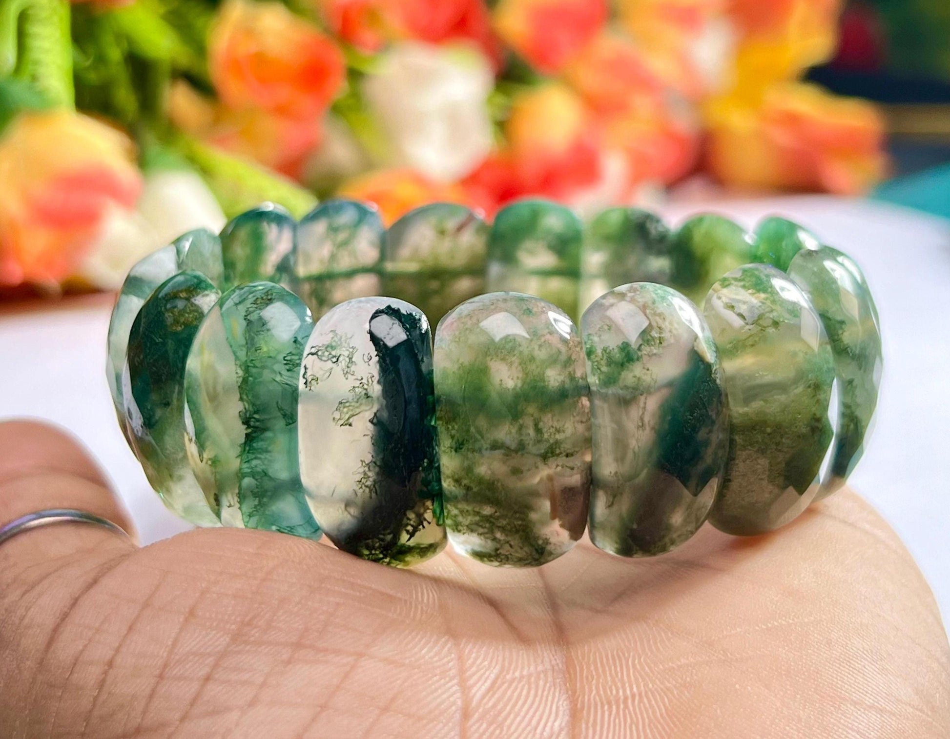 25 MM Moss Agate Stone Bracelet l Stretchable Bracelet