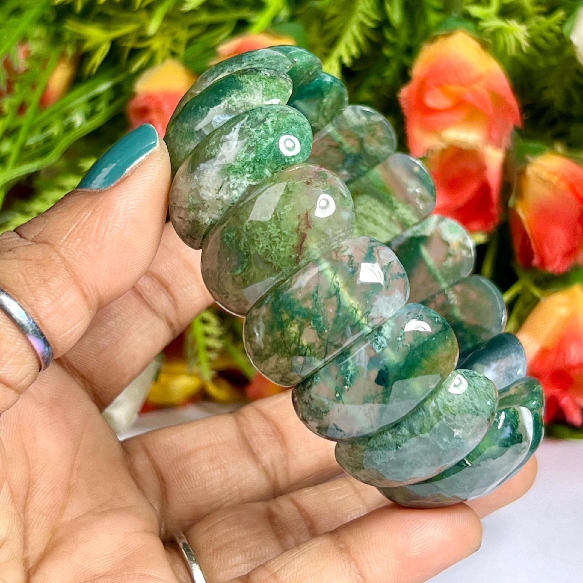 25 MM Moss Agate Stone Bracelet l Stretchable Bracelet