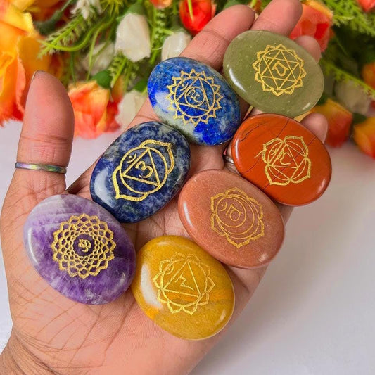 7 Seven Chakra Stones Reiki Symbol Oval Set With Switch Words, Engraved Healing Crystals Chakra Kit With Gift Pouch