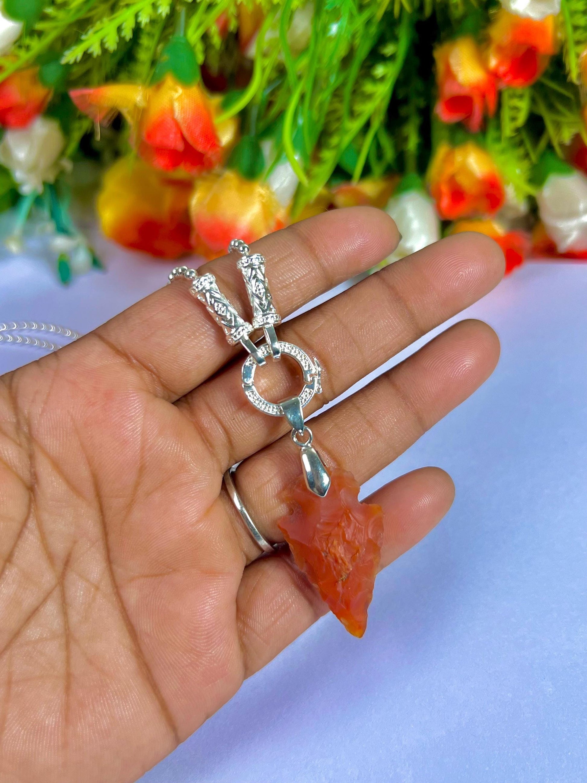 Carnelian Stone Crystal Arrowhead Necklace for Women Silver Chain Necklace, Crystal Jewelry, Mothers Day Gift (Free Velvet Pouch)