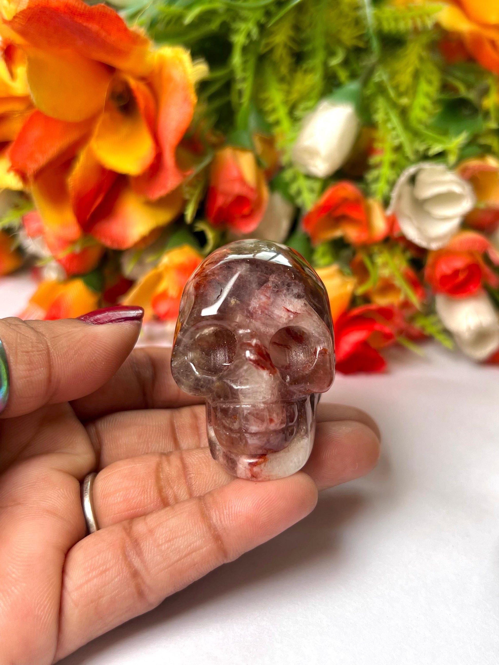 Red Flower Agate Crystal Stone Skull 2 Inch Feng Shui Vastu , Home & Office Décor, Housewarming Gift