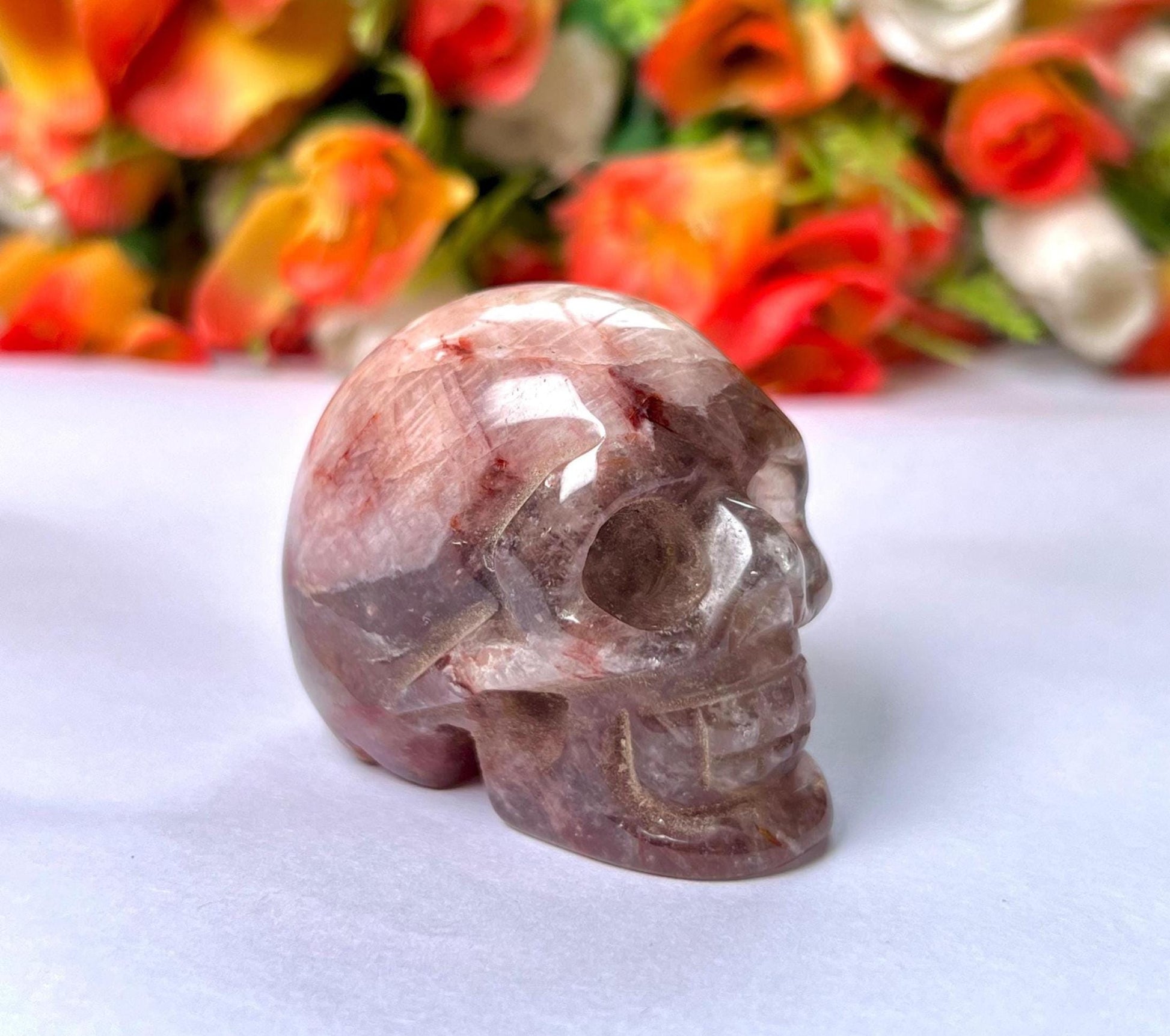 Red Flower Agate Crystal Stone Skull 2 Inch Feng Shui Vastu , Home & Office Décor, Housewarming Gift