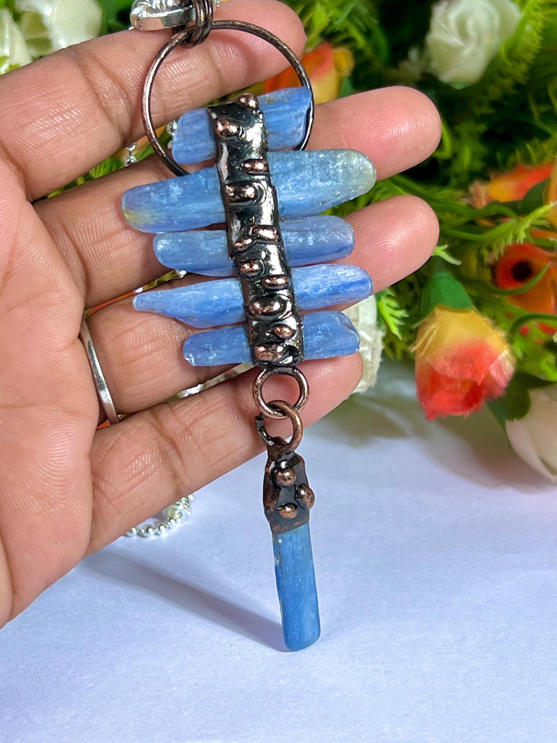 Blue Kyanite Stone Crystal Pendant for Men Women Silver Chain Necklace, Crystal Jewelry, Mothers Day Gift (Free Velvet Pouch)