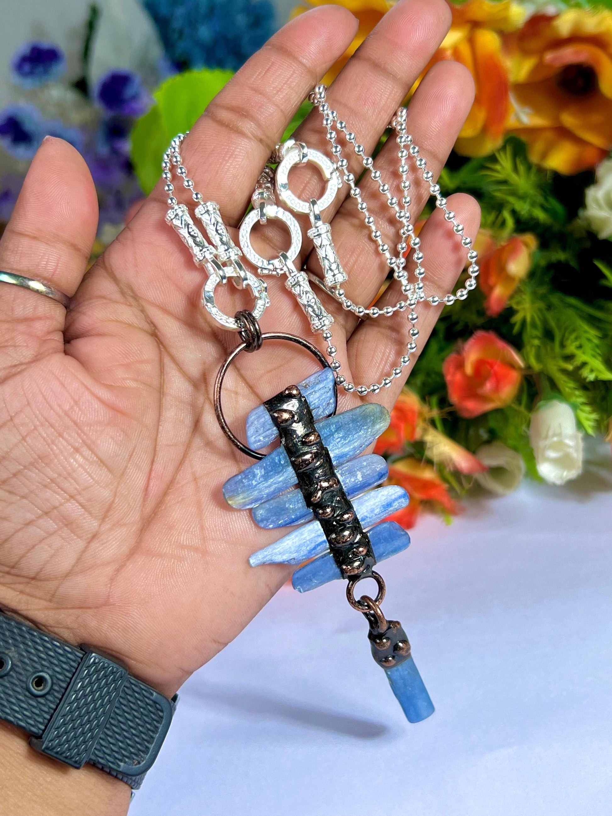 Blue Kyanite Stone Crystal Pendant for Men Women Silver Chain Necklace, Crystal Jewelry, Mothers Day Gift (Free Velvet Pouch)