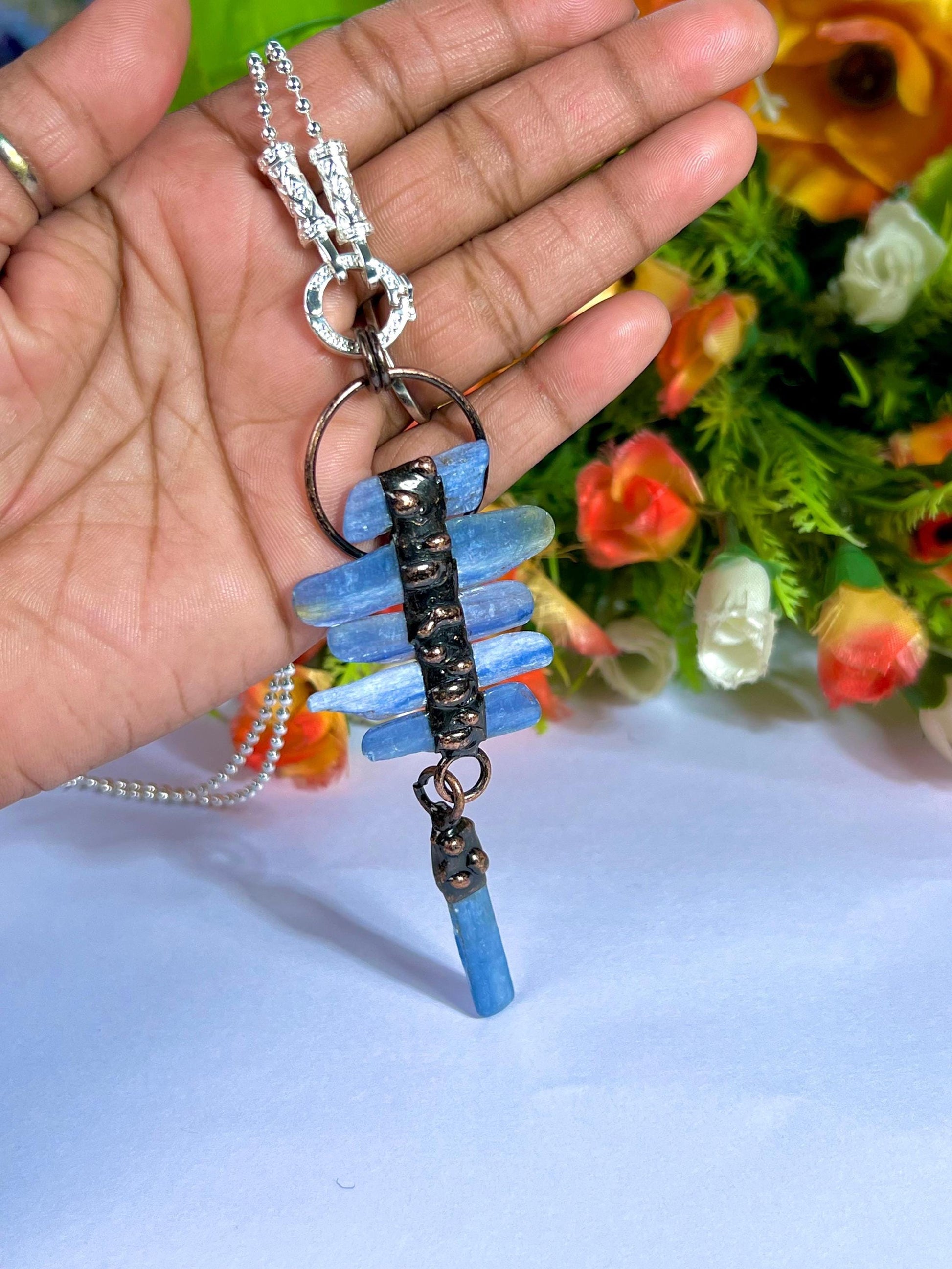Blue Kyanite Stone Crystal Pendant for Men Women Silver Chain Necklace, Crystal Jewelry, Mothers Day Gift (Free Velvet Pouch)