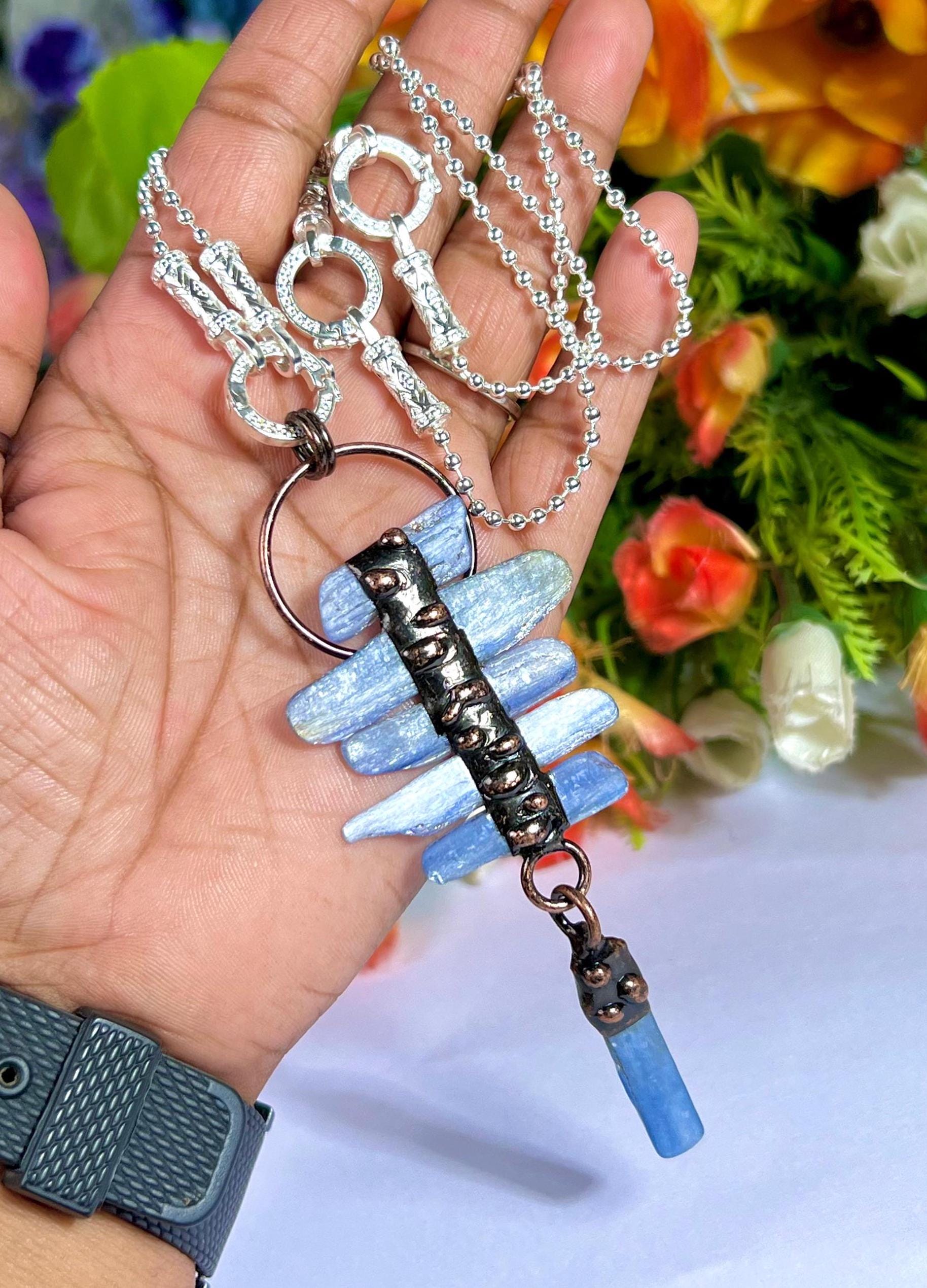 Blue Kyanite Stone Crystal Pendant for Men Women Silver Chain Necklace, Crystal Jewelry, Mothers Day Gift (Free Velvet Pouch)