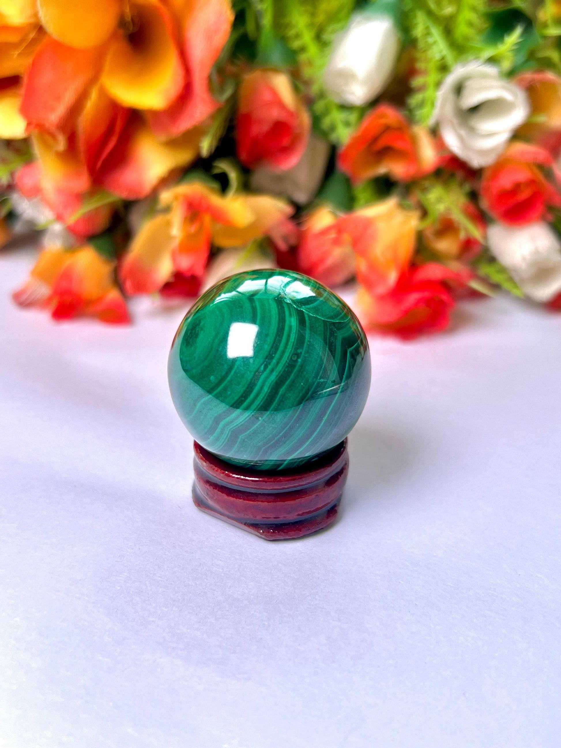 Malachite Stone Sphere 88 Gram Crystal Ball Orb Pocket Stone Meditation Space Crystal Grid With wooden Stand