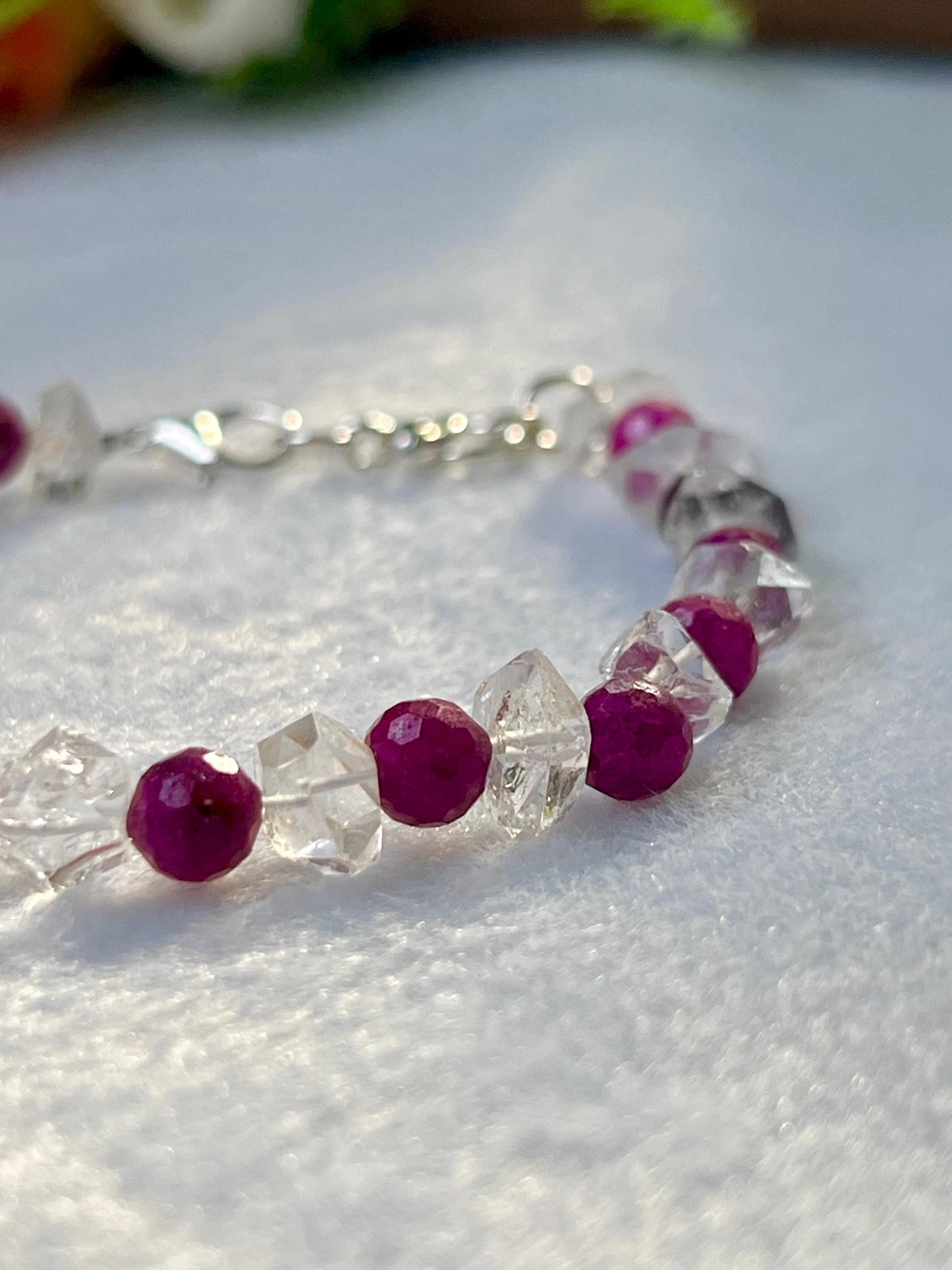 6 MM Herkimer Diamond and Ruby Stone Cutting Stone Minimalist Bracelet Dainty Bracelet Fit for 6 Inch to 7.5 Inch Wrist