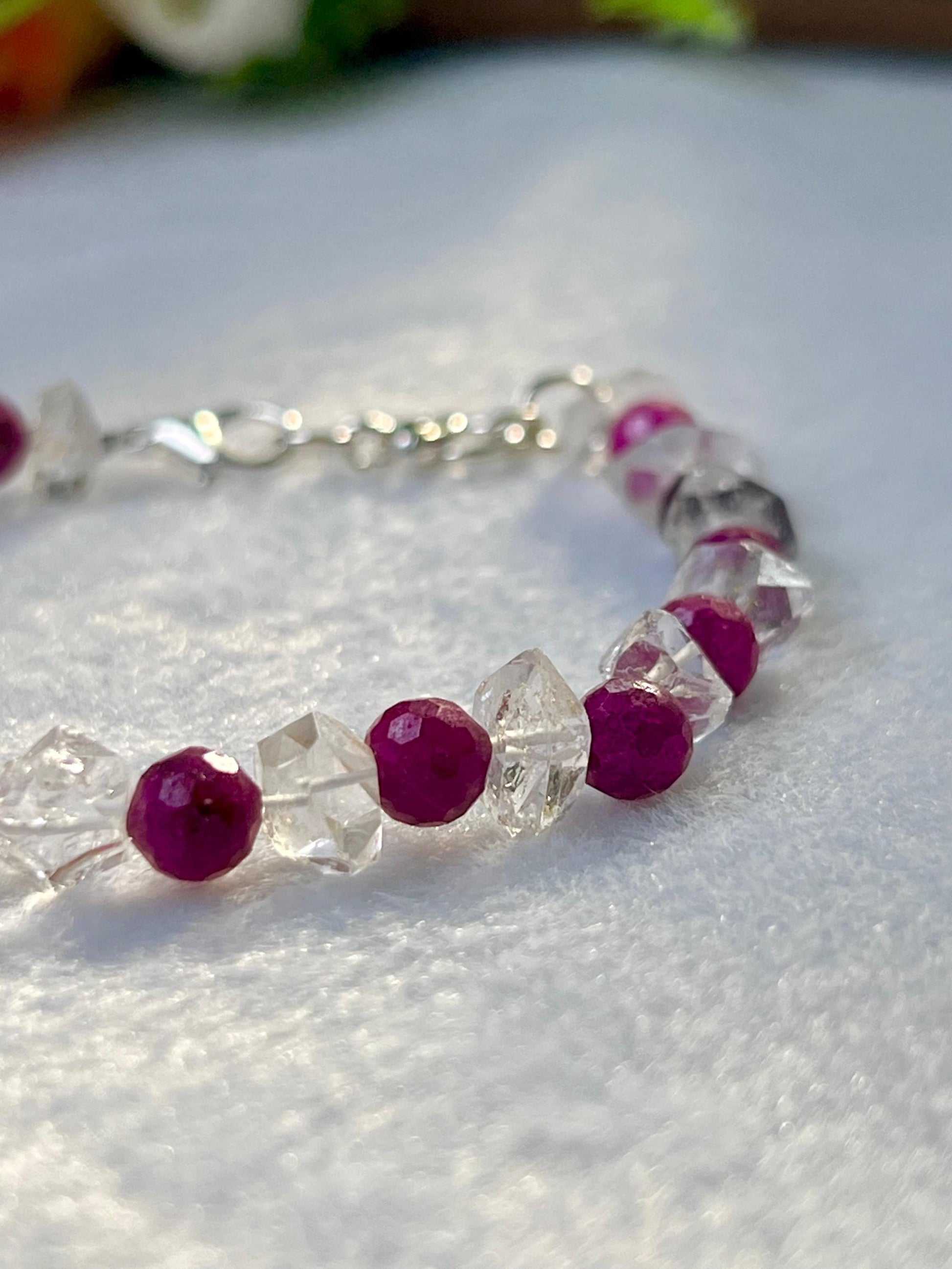 6 MM Herkimer Diamond and Ruby Stone Cutting Stone Minimalist Bracelet Dainty Bracelet Fit for 6 Inch to 7.5 Inch Wrist