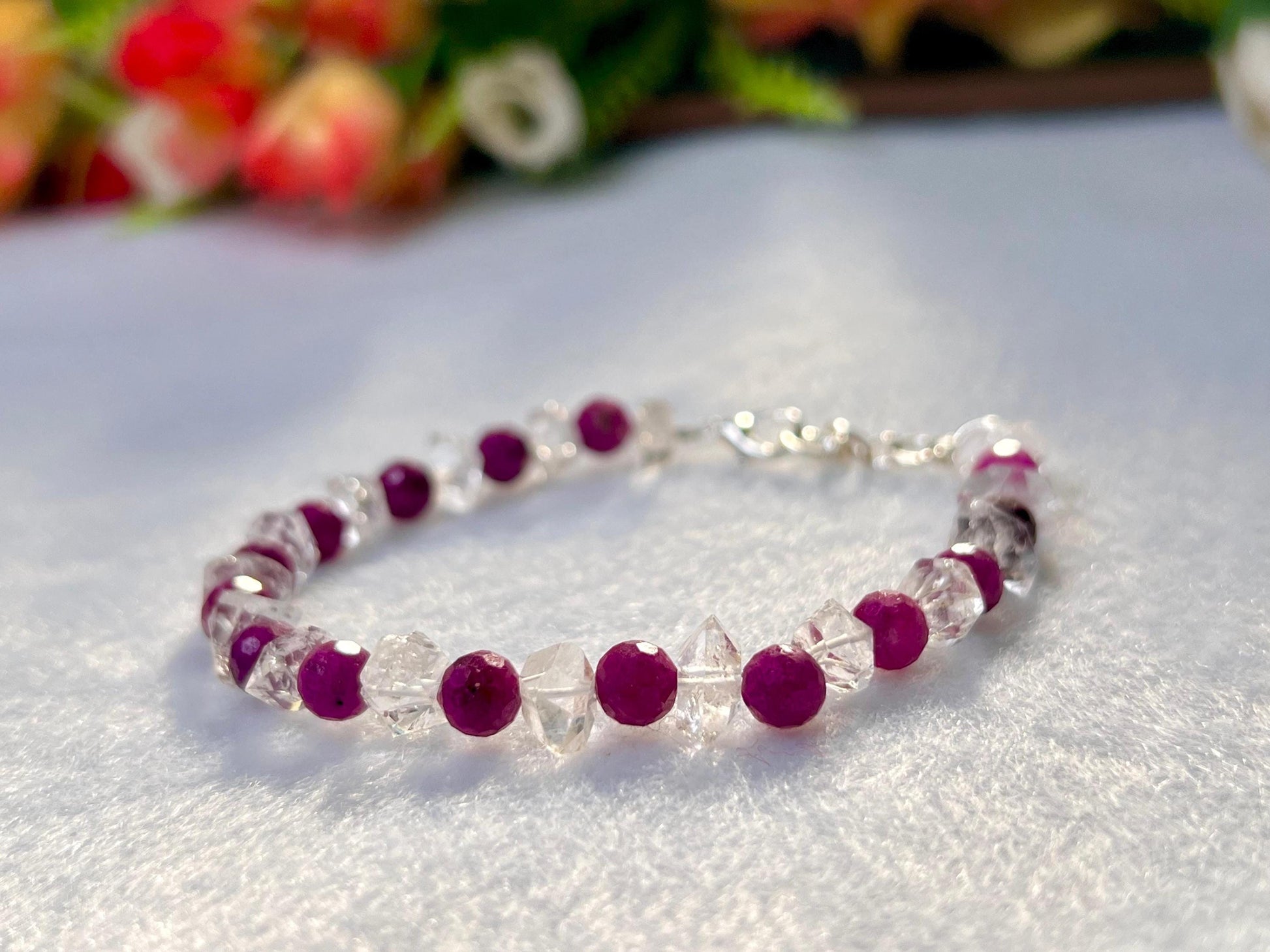 6 MM Herkimer Diamond and Ruby Stone Cutting Stone Minimalist Bracelet Dainty Bracelet Fit for 6 Inch to 7.5 Inch Wrist