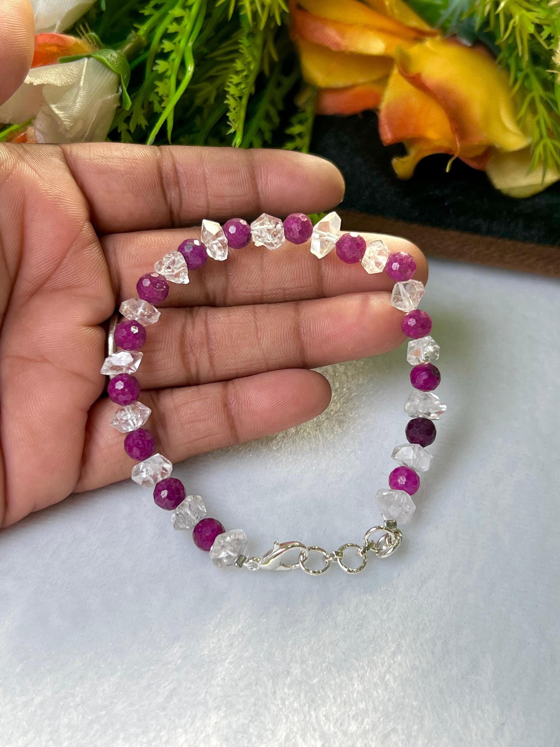 6 MM Herkimer Diamond and Ruby Stone Cutting Stone Minimalist Bracelet Dainty Bracelet Fit for 6 Inch to 7.5 Inch Wrist