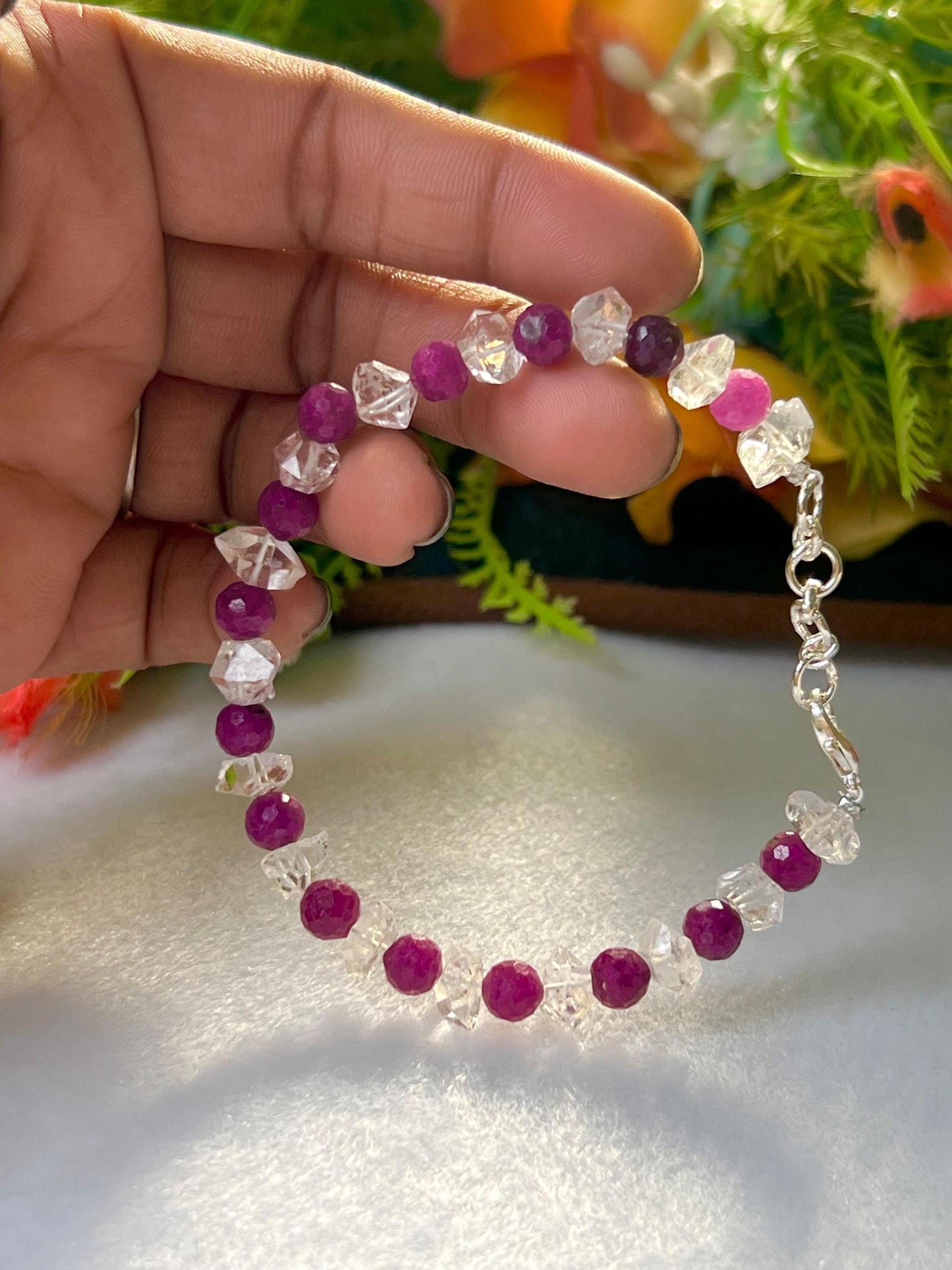 6 MM Herkimer Diamond and Ruby Stone Cutting Stone Minimalist Bracelet Dainty Bracelet Fit for 6 Inch to 7.5 Inch Wrist