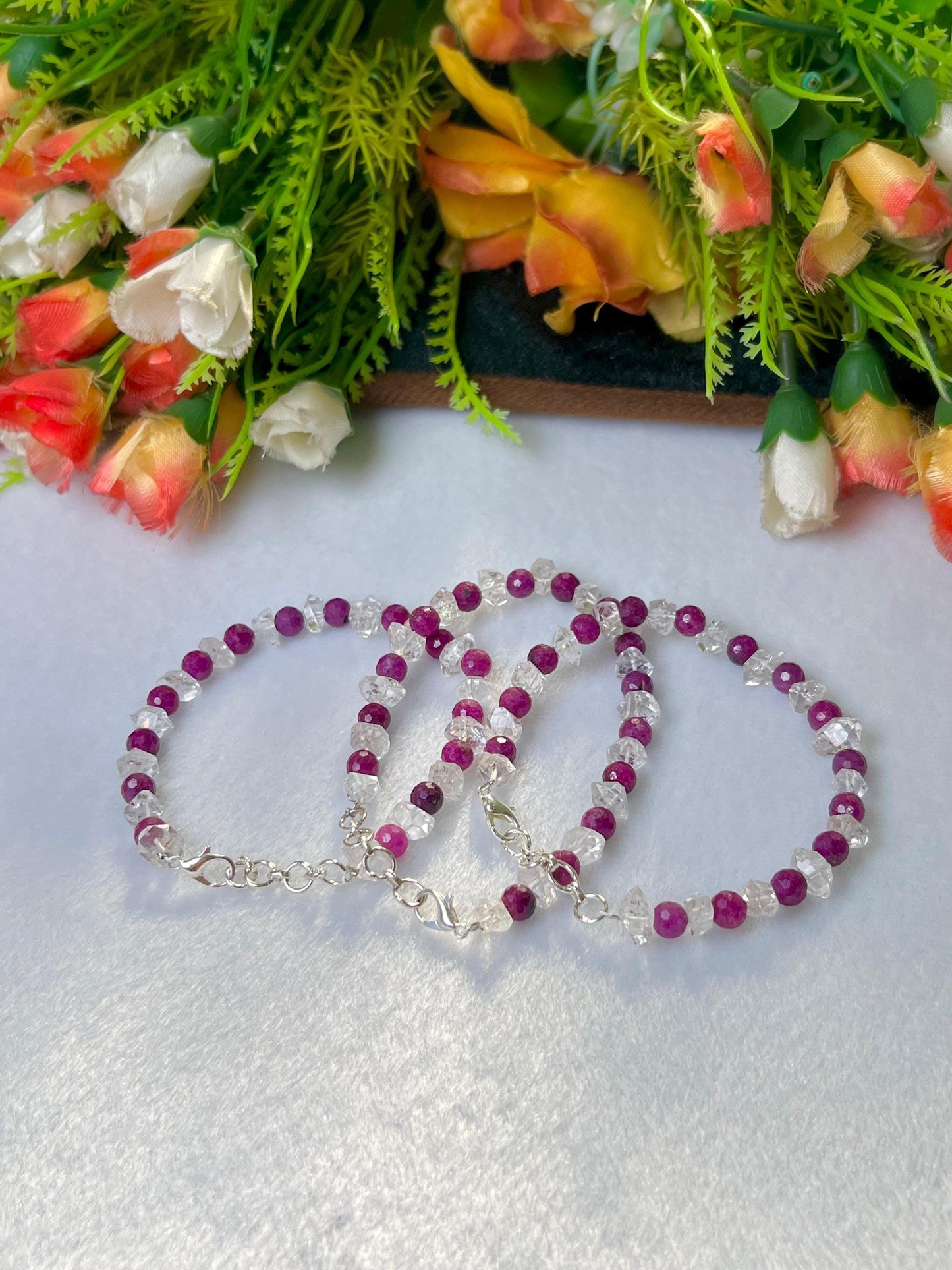 6 MM Herkimer Diamond and Ruby Stone Cutting Stone Minimalist Bracelet Dainty Bracelet Fit for 6 Inch to 7.5 Inch Wrist