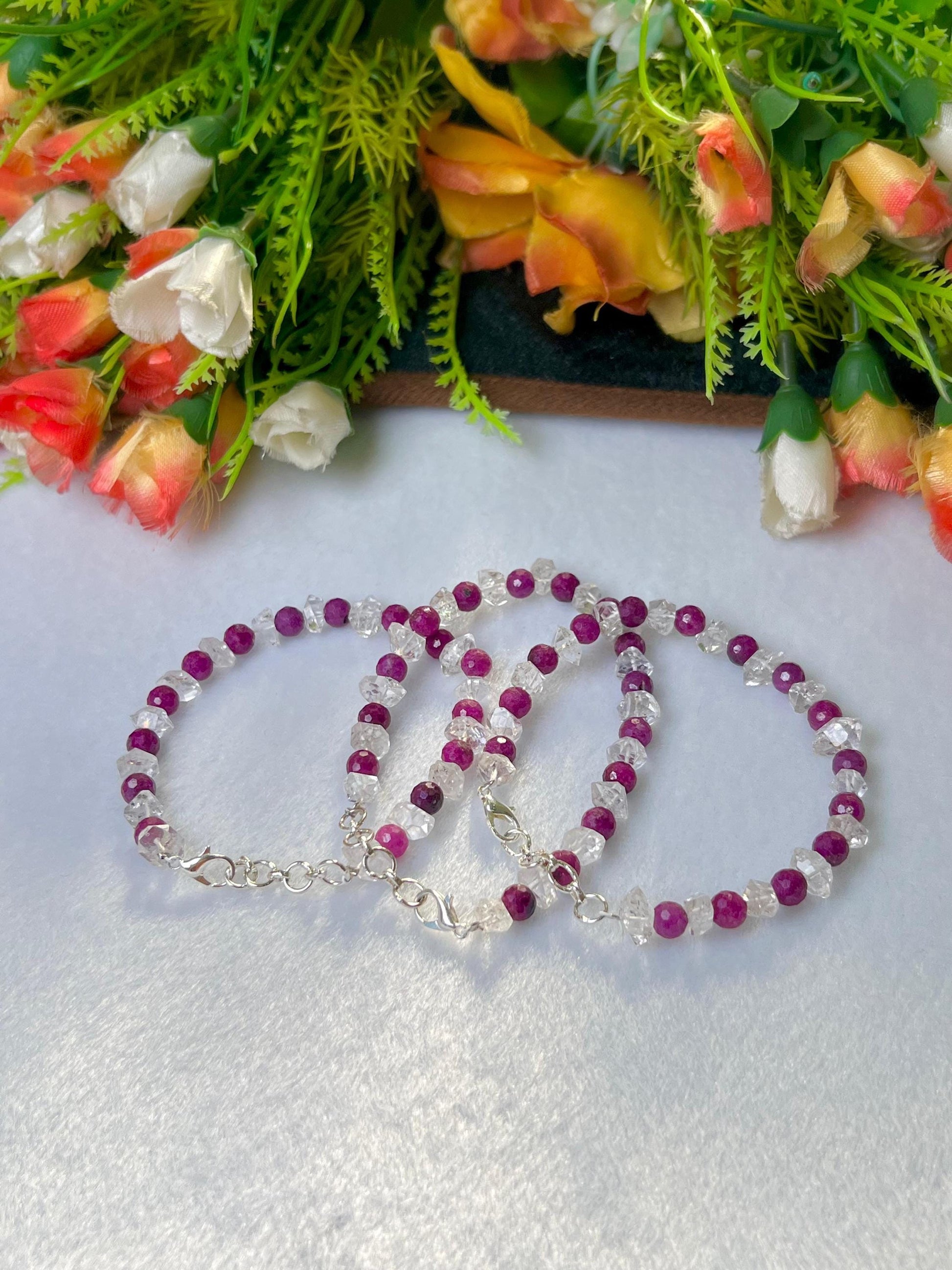 6 MM Herkimer Diamond and Ruby Stone Cutting Stone Minimalist Bracelet Dainty Bracelet Fit for 6 Inch to 7.5 Inch Wrist