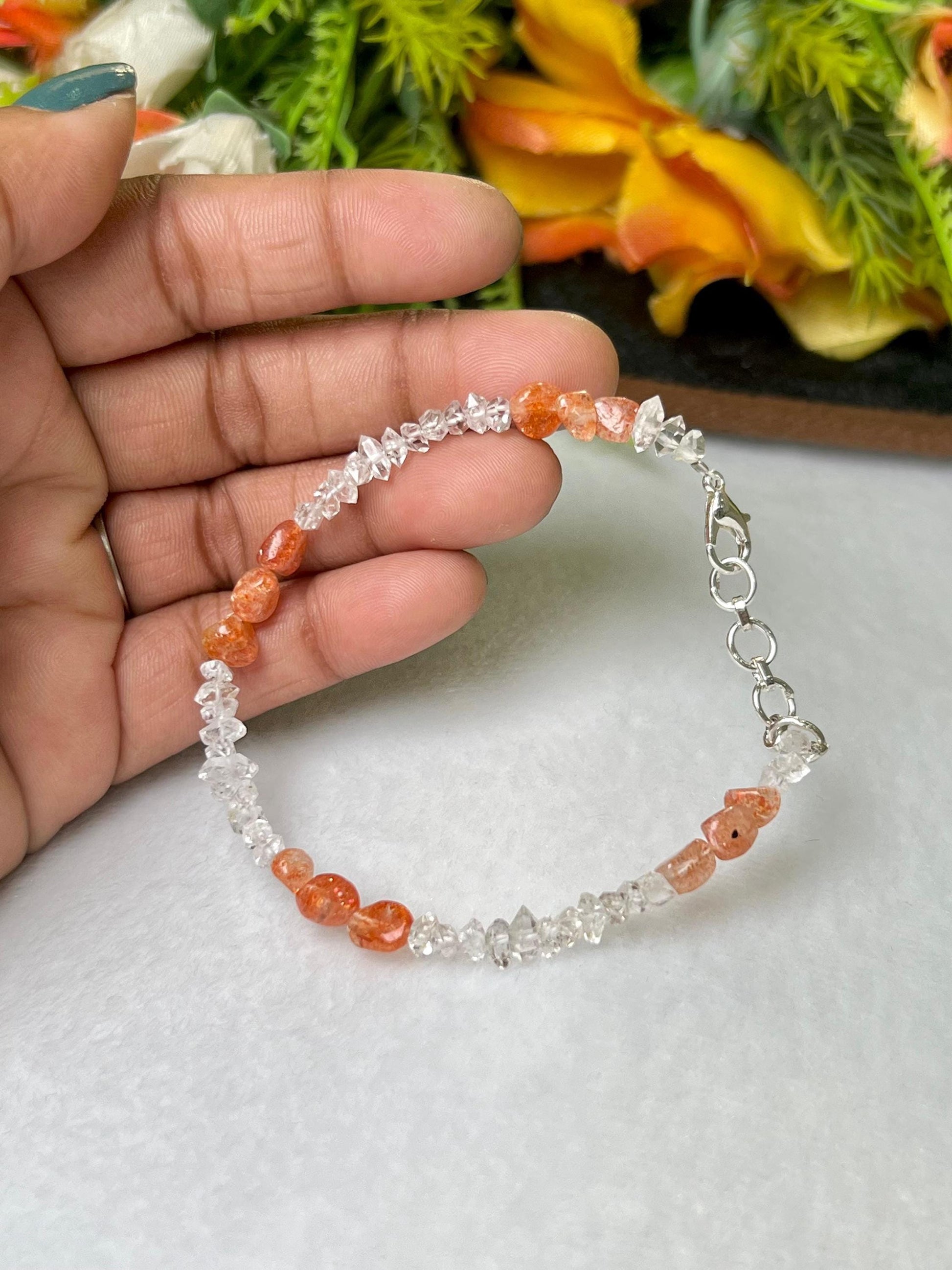 Herkimer Diamond and Sunstone Stone Bracelet l Adjustable Bracelet l Unisex Bracelet