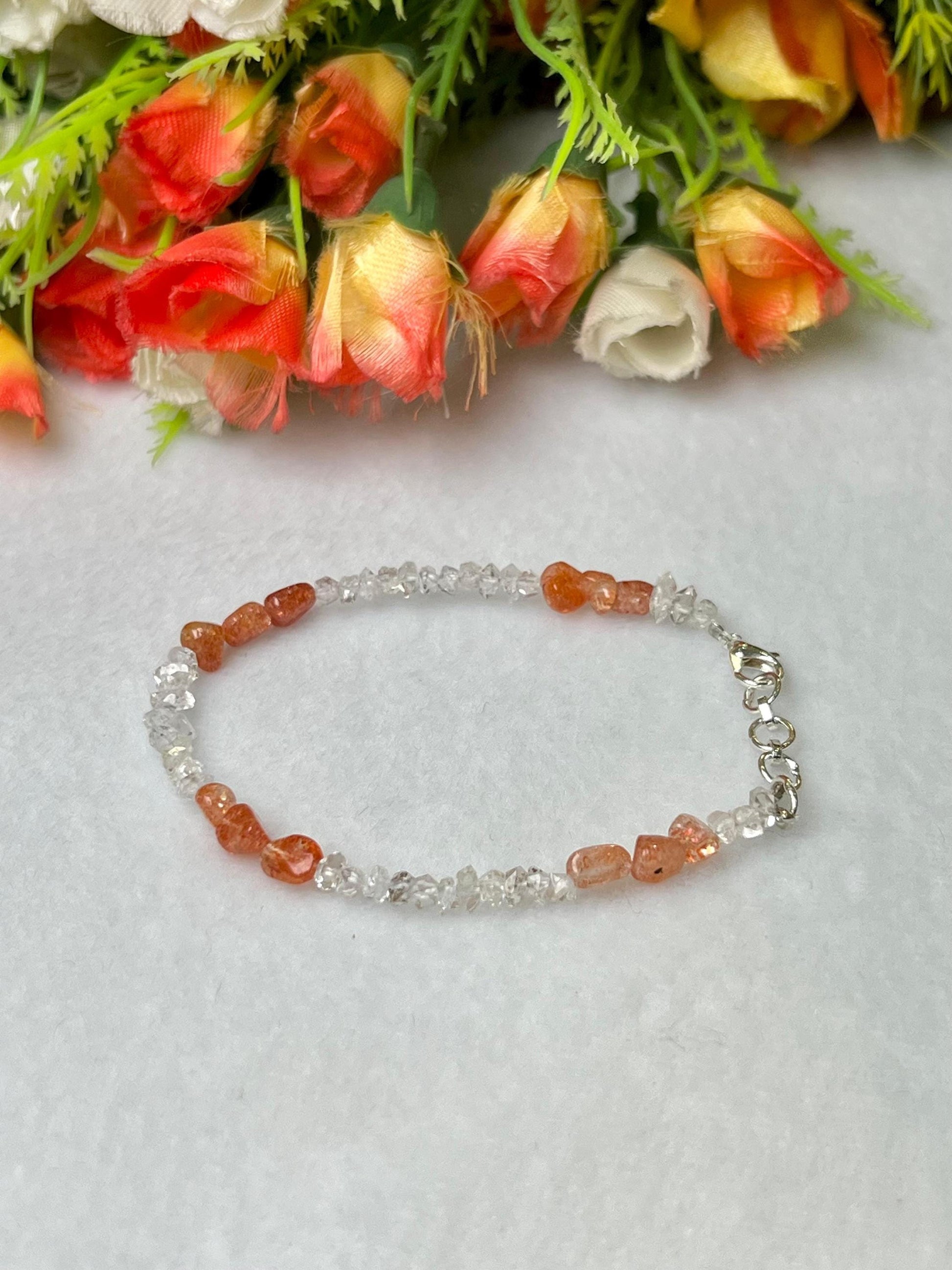 Herkimer Diamond and Sunstone Stone Bracelet l Adjustable Bracelet l Unisex Bracelet