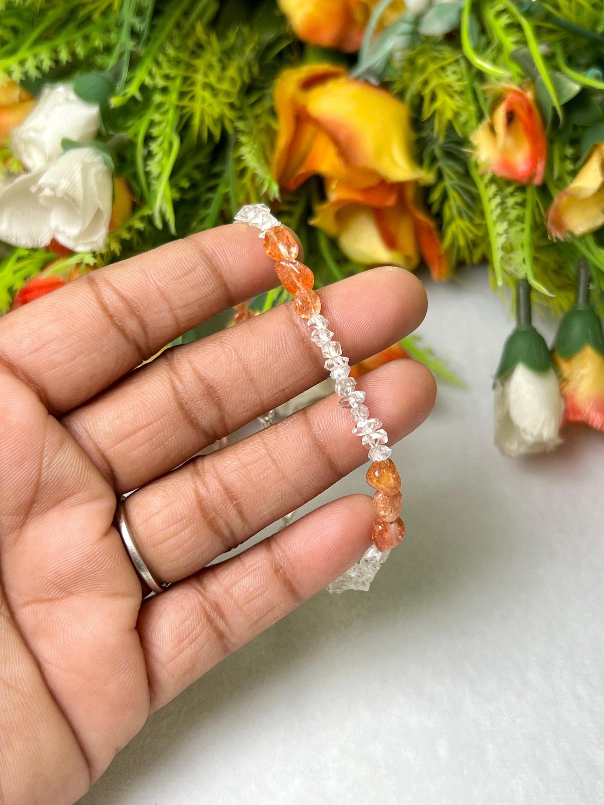 Herkimer Diamond and Sunstone Stone Bracelet l Adjustable Bracelet l Unisex Bracelet