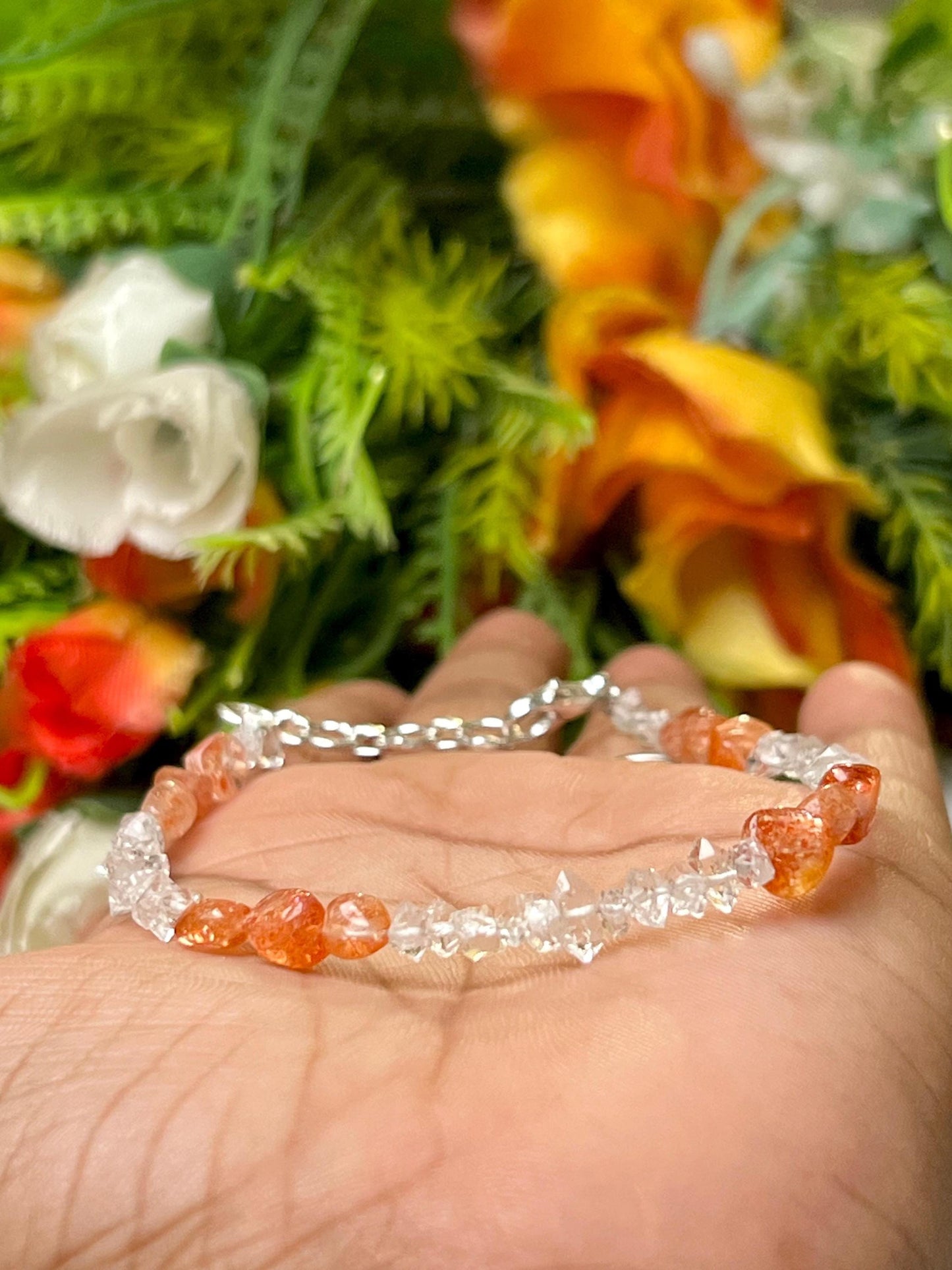 Herkimer Diamond and Sunstone Stone Bracelet l Adjustable Bracelet l Unisex Bracelet