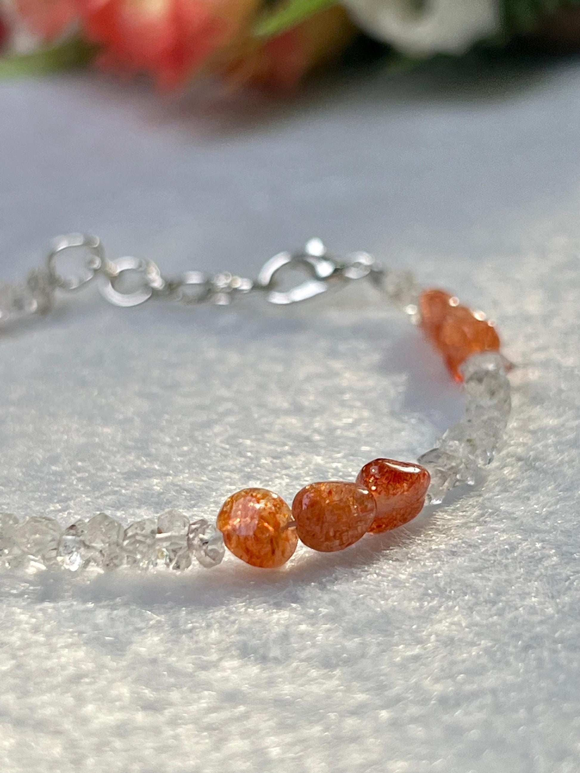 Herkimer Diamond and Sunstone Stone Bracelet l Adjustable Bracelet l Unisex Bracelet