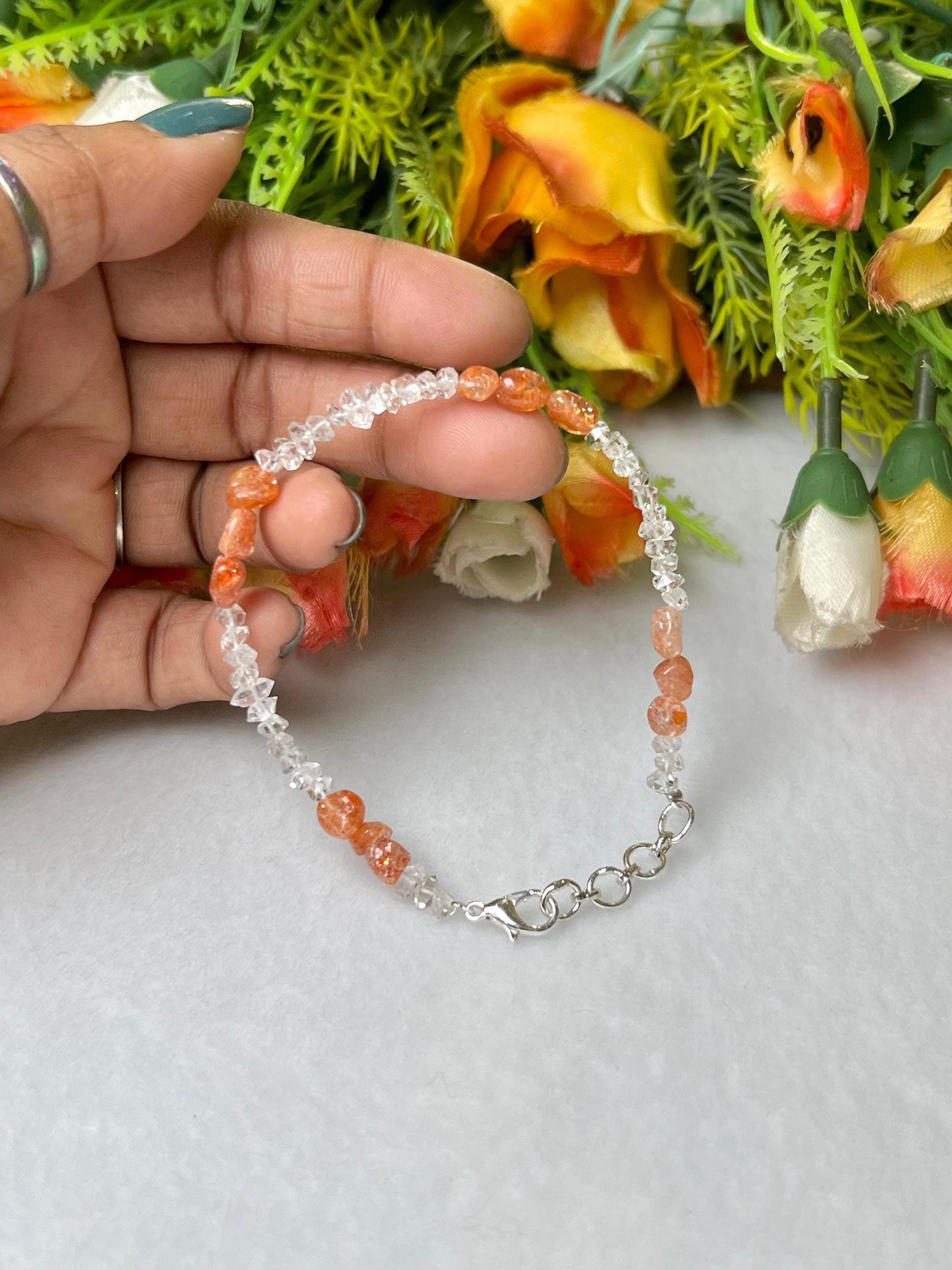 Herkimer Diamond and Sunstone Stone Bracelet l Adjustable Bracelet l Unisex Bracelet