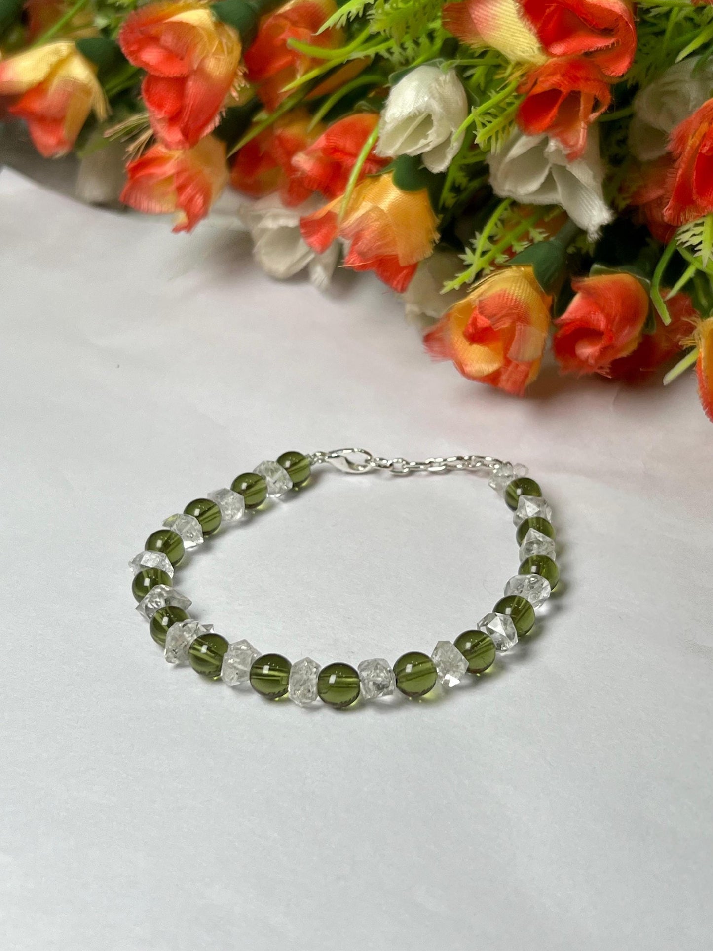 6 MM Herkimer Diamond and 6 MM Moldavite Stone Bracelet l Adjustable Bracelet l Unisex Bracelet