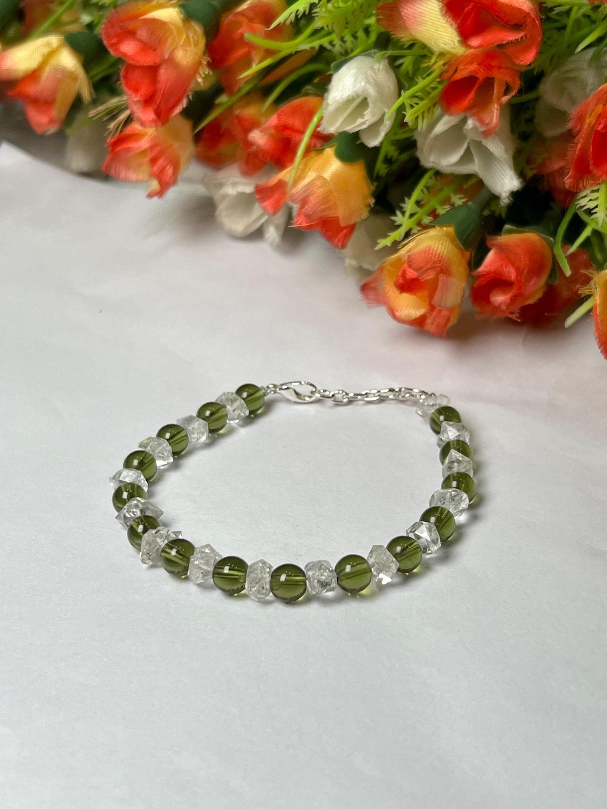 6 MM Herkimer Diamond and 6 MM Moldavite Stone Bracelet l Adjustable Bracelet l Unisex Bracelet