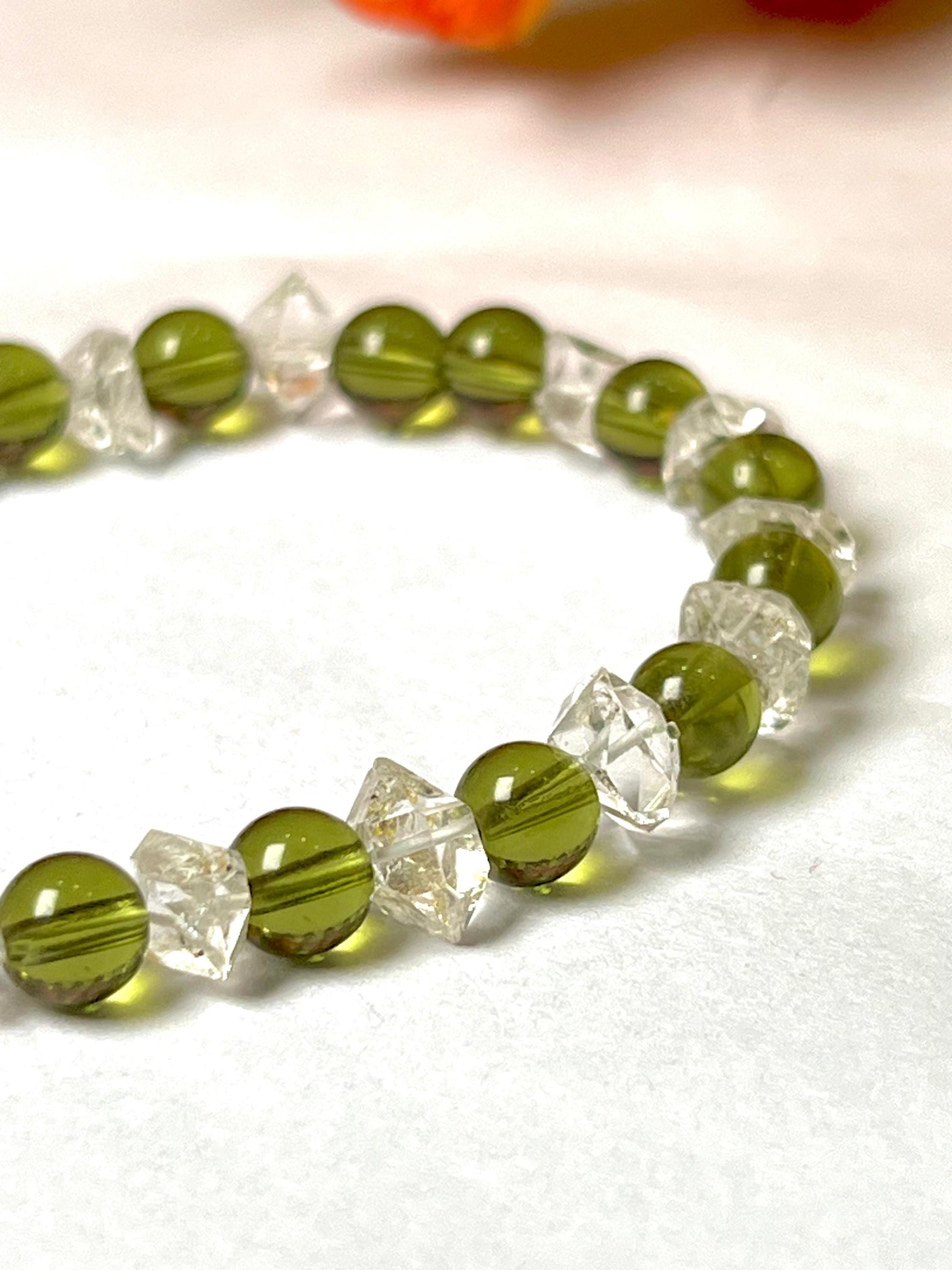 6 MM Herkimer Diamond and 6 MM Moldavite Stone Bracelet l Adjustable Bracelet l Unisex Bracelet