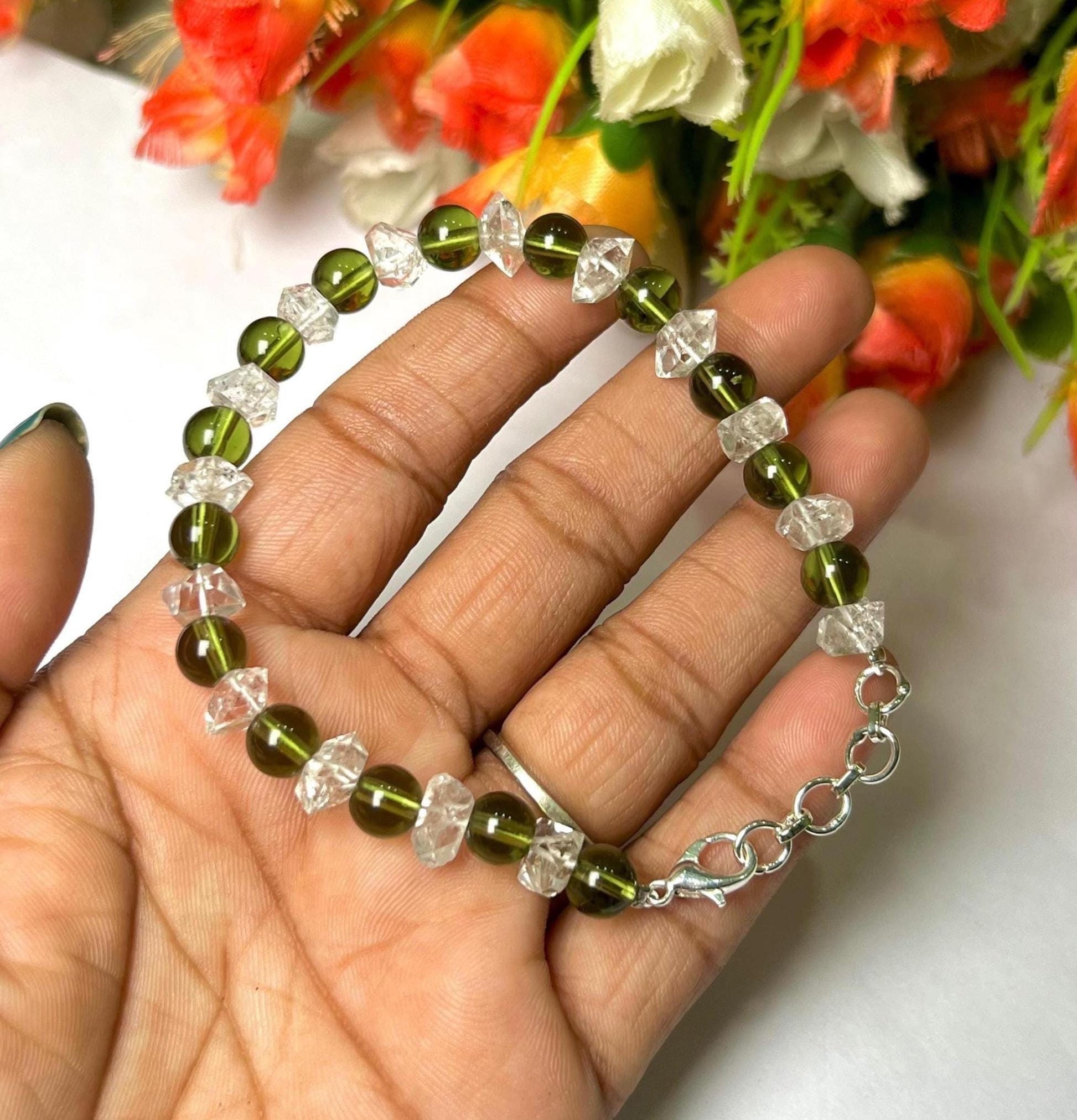 6 MM Herkimer Diamond and 6 MM Moldavite Stone Bracelet l Adjustable Bracelet l Unisex Bracelet