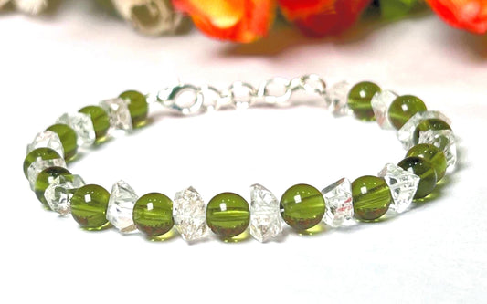 6 MM Herkimer Diamond and 6 MM Moldavite Stone Bracelet l Adjustable Bracelet l Unisex Bracelet