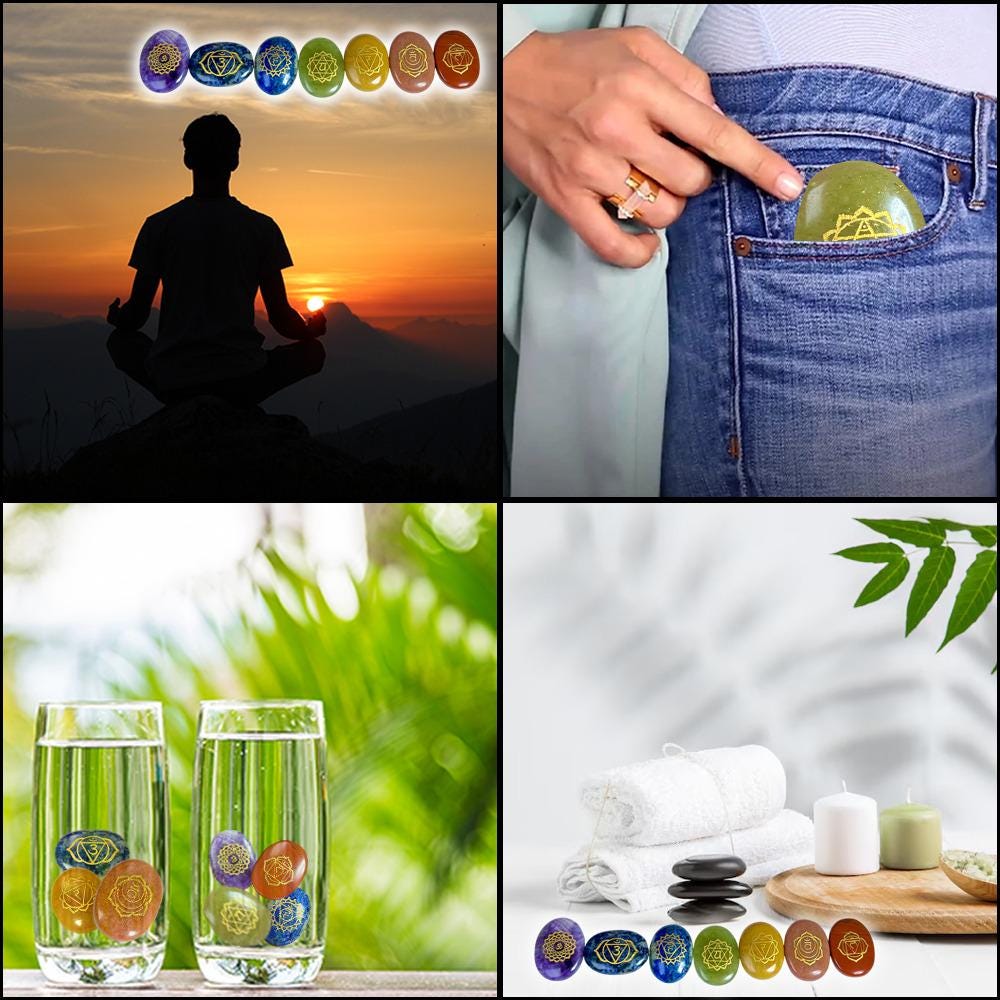 7 Seven Chakra Stones Oval Set With Switch Words, Engraved Healing Crystals Chakra Kit With Gift Pouch