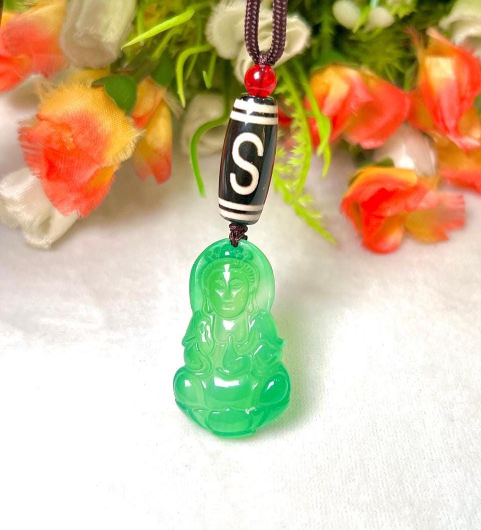 Money Magnet Stone Pendant Green Jade Kwan Yin With Tibetan Hook Dzi and Carnelian Stone Pendant Necklace