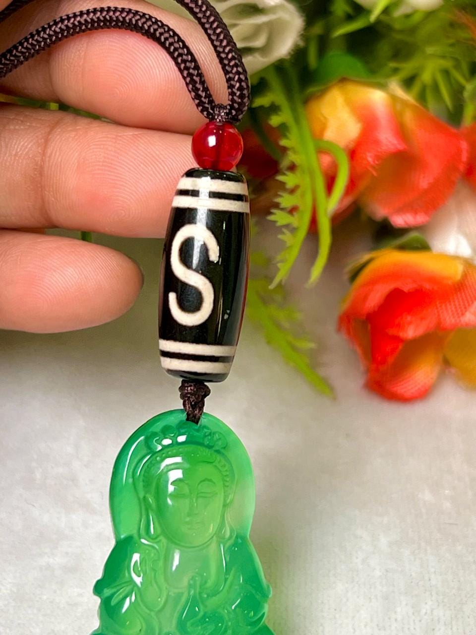 Money Magnet Stone Pendant Green Jade Kwan Yin With Tibetan Hook Dzi and Carnelian Stone Pendant Necklace