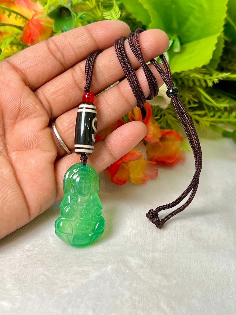 Money Magnet Stone Pendant Green Jade Kwan Yin With Tibetan Hook Dzi and Carnelian Stone Pendant Necklace