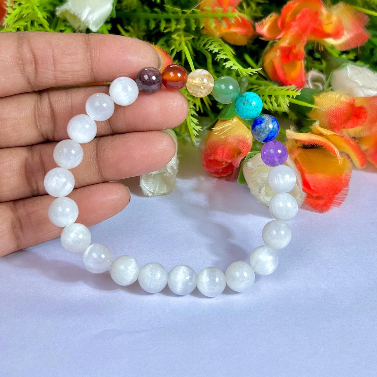 7 Chakra With Selenite Stone Bracelet l Stretchable Bracelet l Unisex Bracelet l 8 MM Bracelet