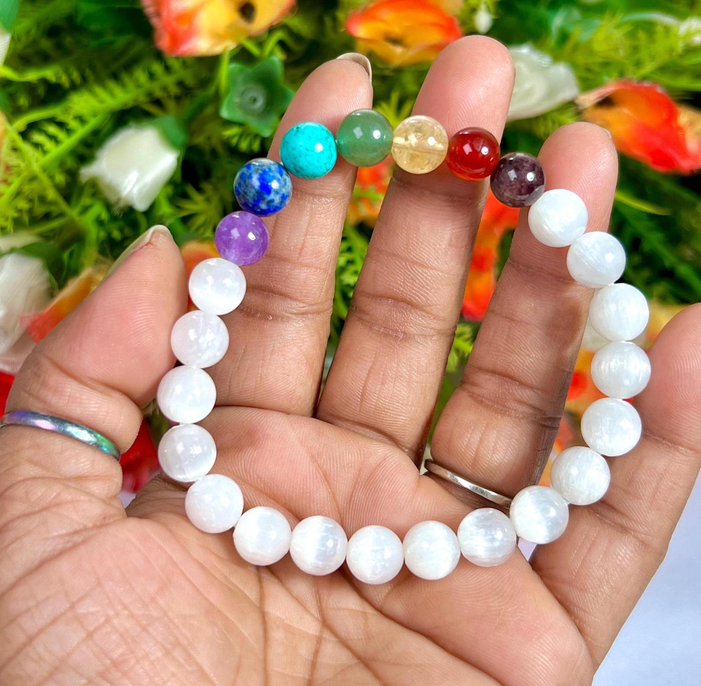 7 Chakra With Selenite Stone Bracelet l Stretchable Bracelet l Unisex Bracelet l 8 MM Bracelet