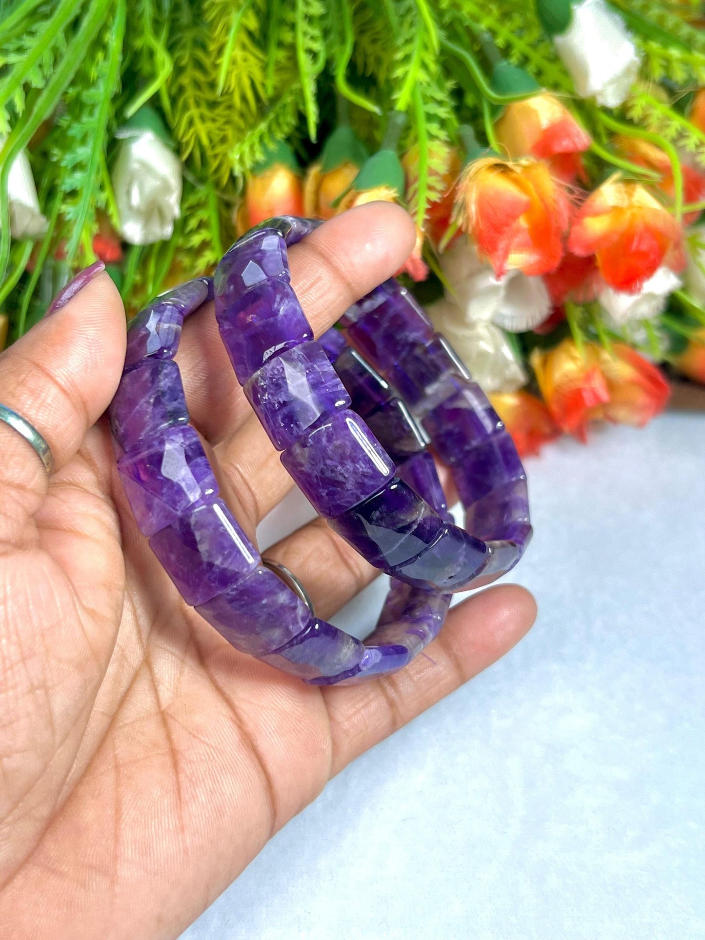 15 MM Amethyst Stone Bracelet l Stretchable Bracelet High Grade