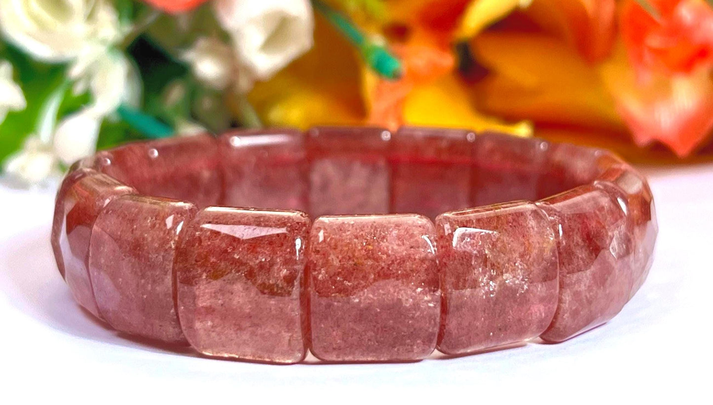 15 MM Pink Strawberry Quartz Stone Bracelet l Stretchable Bracelet