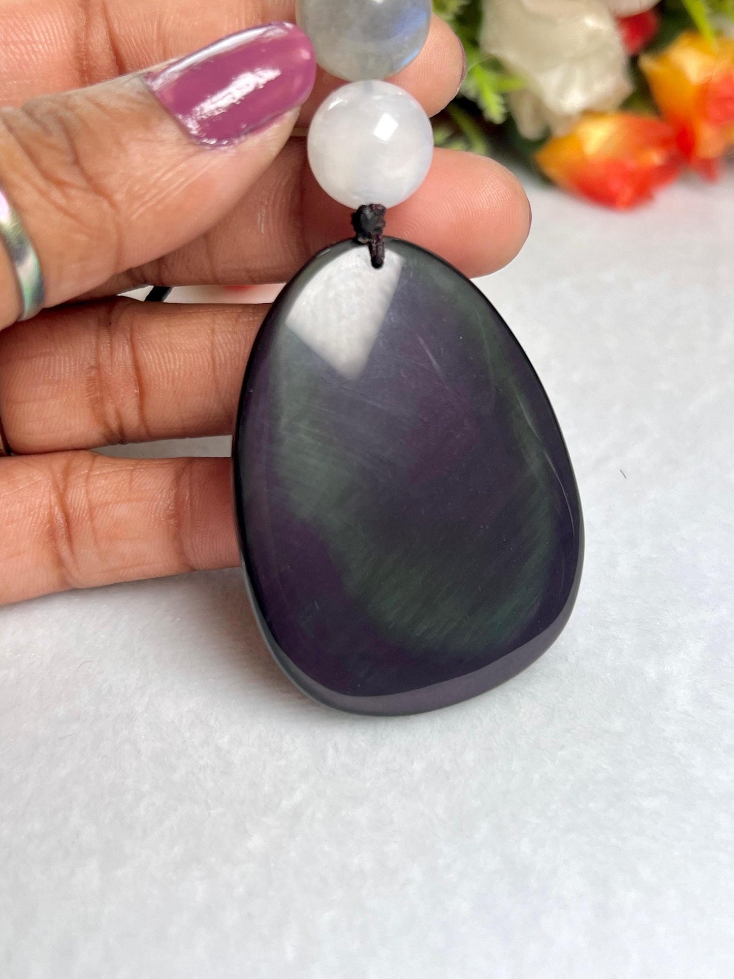 Happiness Stone Pendant Rainbow Obsidian Laughing Buddha With Labradorite , White Rainbow Moonstone and Carnelian Pendant Necklace