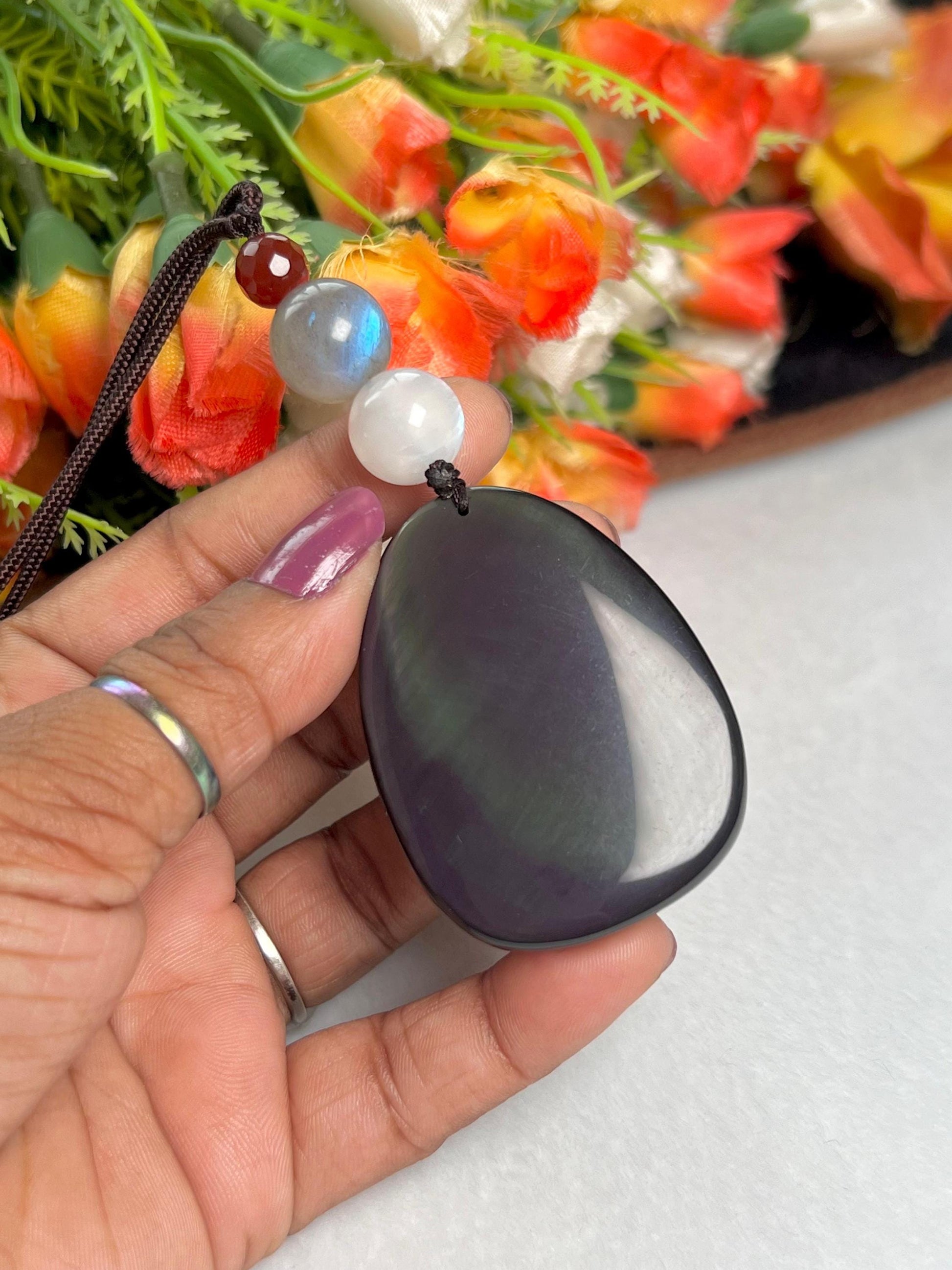 Happiness Stone Pendant Rainbow Obsidian Laughing Buddha With Labradorite , White Rainbow Moonstone and Carnelian Pendant Necklace