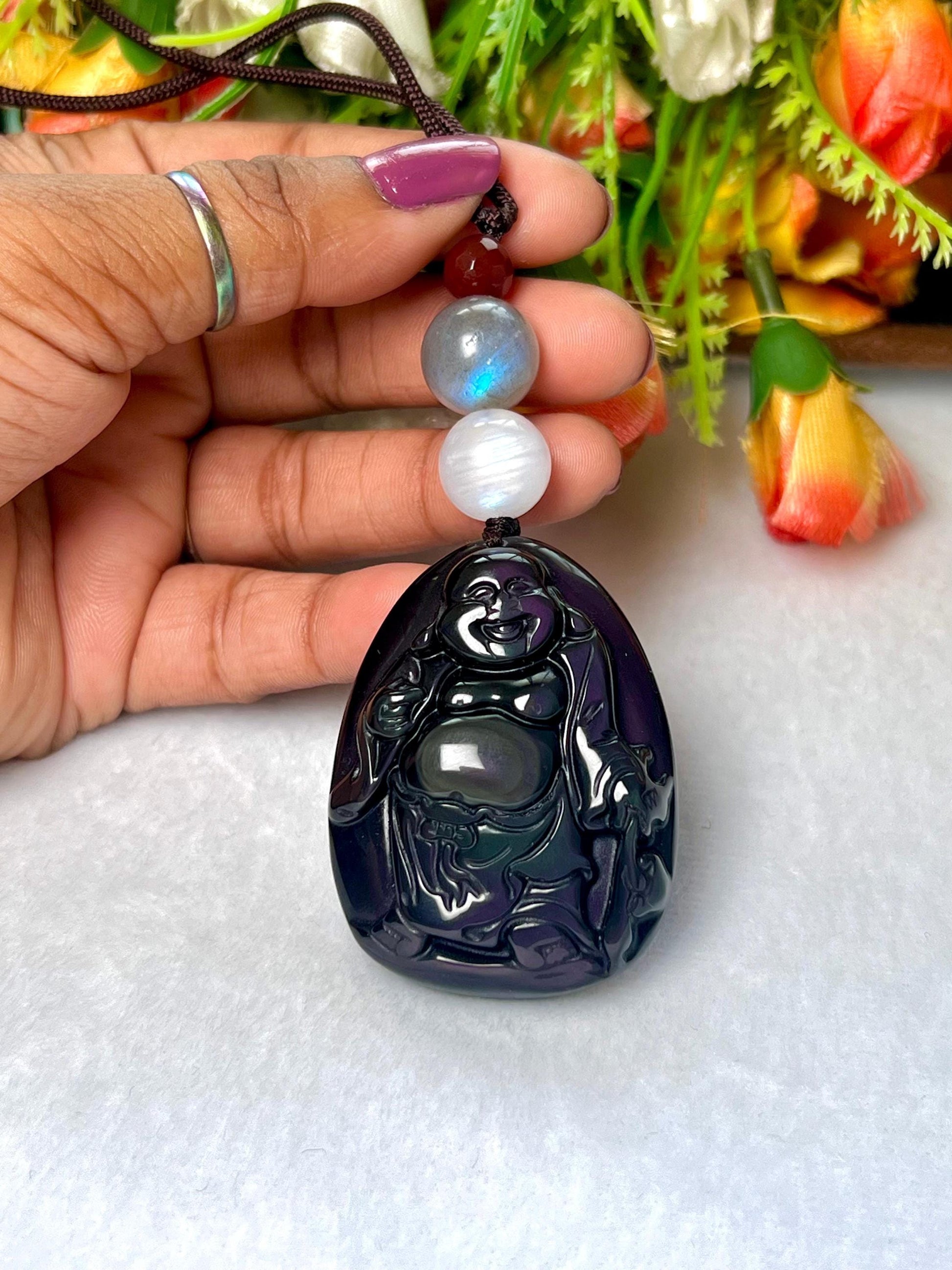 Happiness Stone Pendant Rainbow Obsidian Laughing Buddha With Labradorite , White Rainbow Moonstone and Carnelian Pendant Necklace